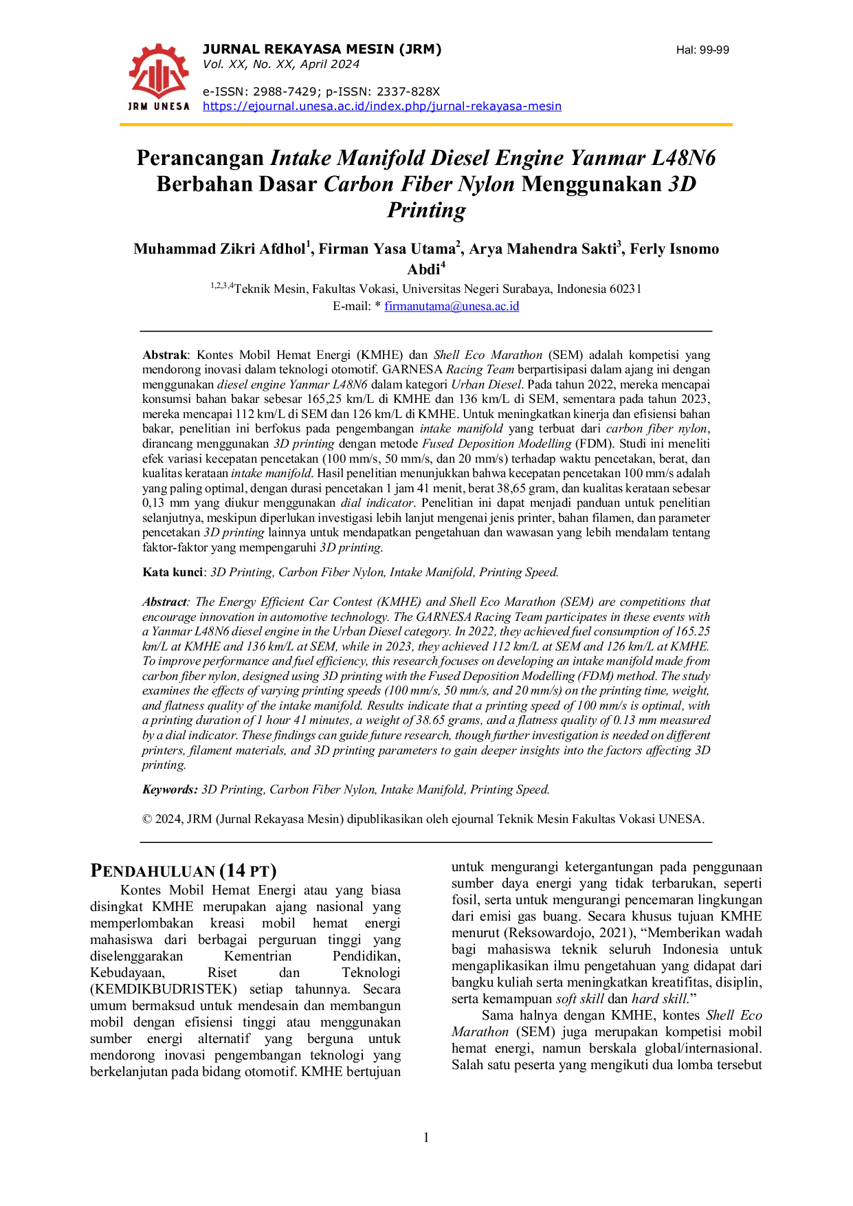 JURIS Perancangan Intake Manifold Diesel Engine Yanmar L48N6 dengan Metode Fused Deposition Modelling