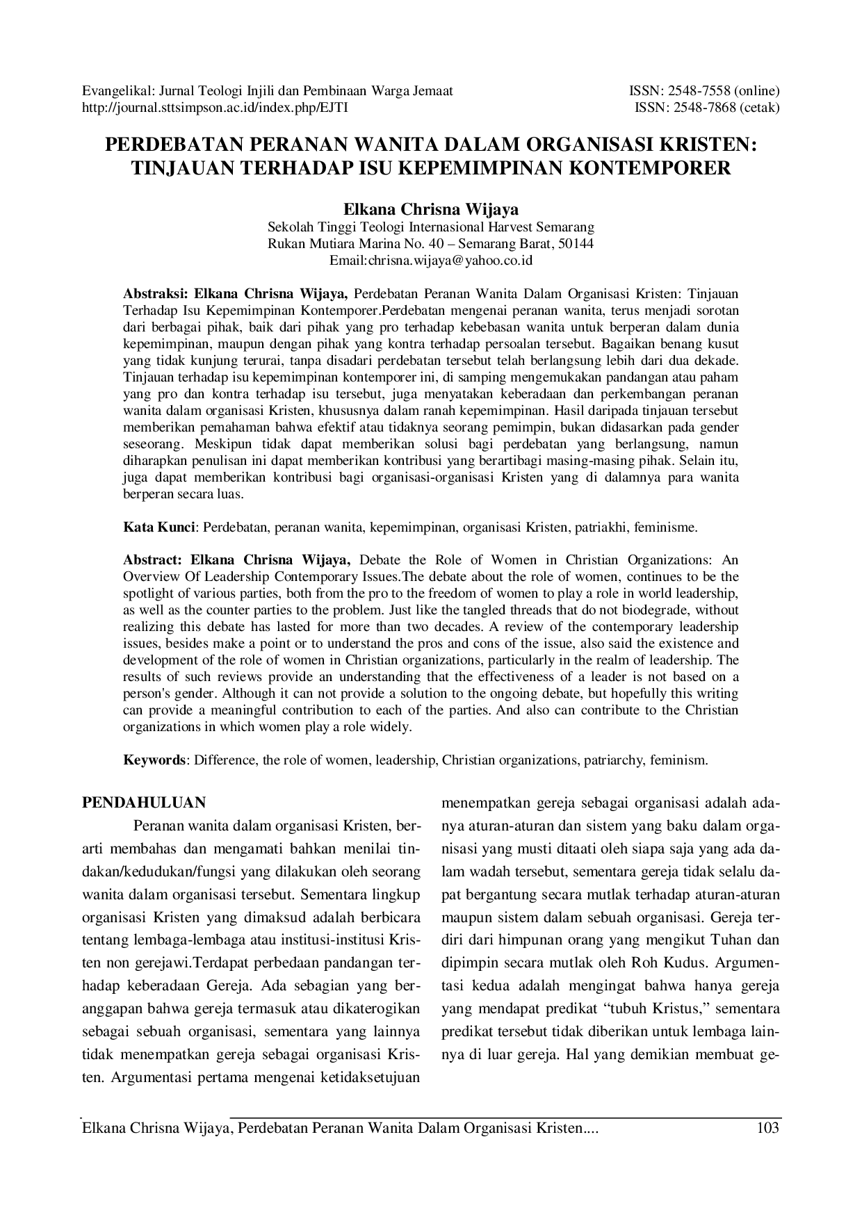 juris Perdebatan Peranan Wanita Dalam Organisasi Kristen Tinjauan Terhadap Isu Kepemimpinan Kontemporer