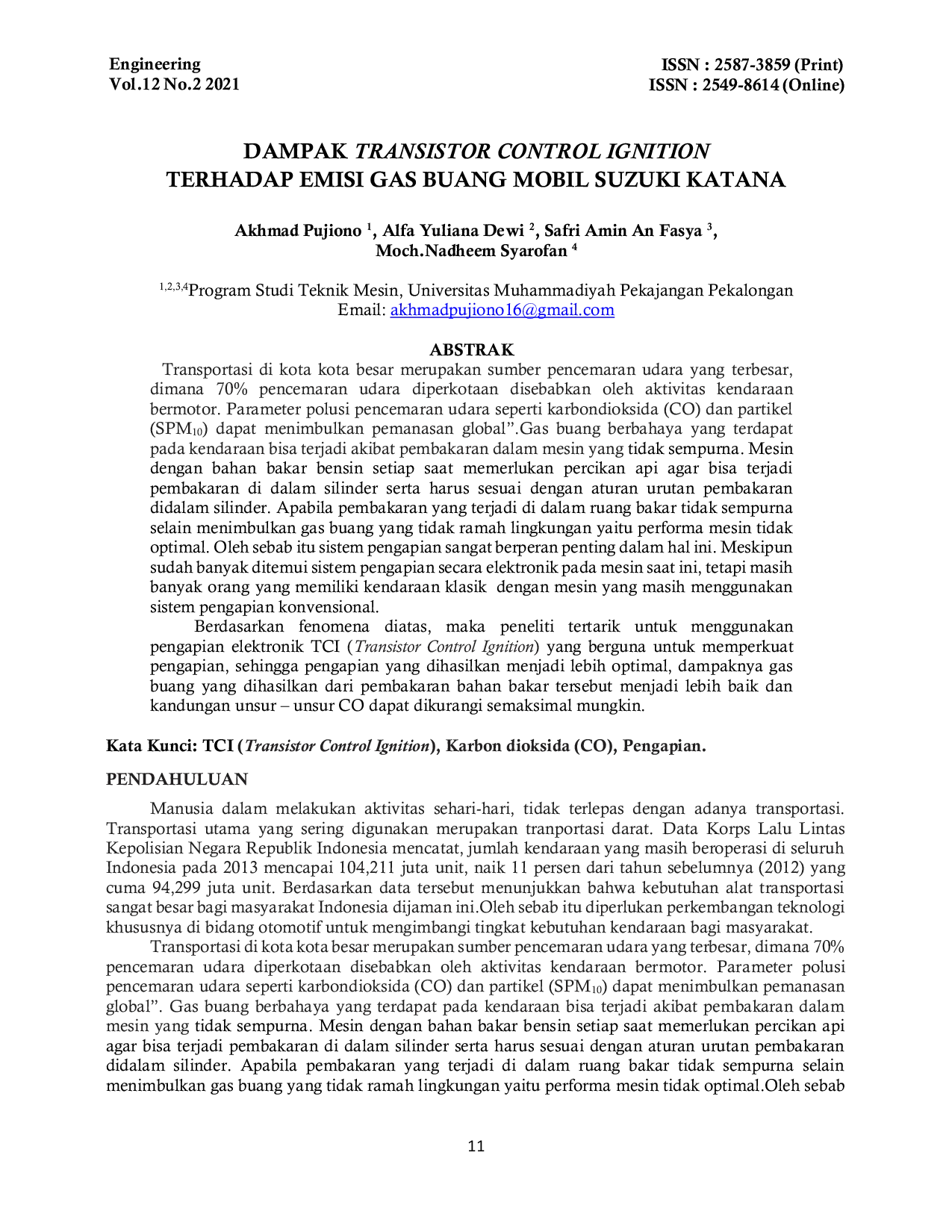 JURIS Dampak Transistor Control Ignition Terhadap Emisi Gas Buang Mobil Suzuki Katana