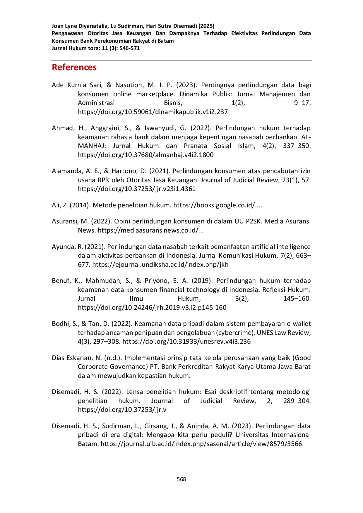 JURIS Pengawasan Otoritas Jasa Keuangan Dan Dampaknya Terhadap Efektivitas Perlindungan Data Konsumen Bank Perekonomian Rakyat Di Batam