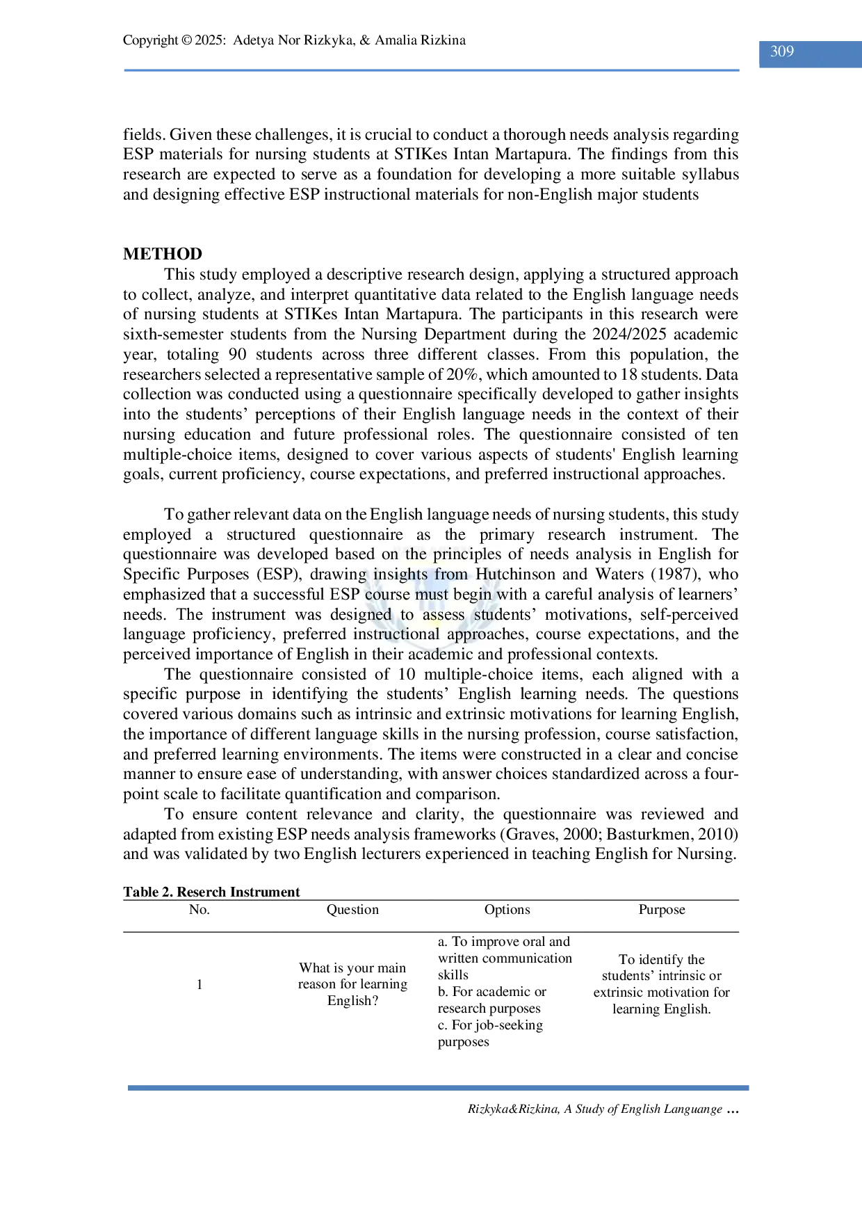 JURIS A Study of English Language Needs for Nursing Students at Stikes Intan Martapura