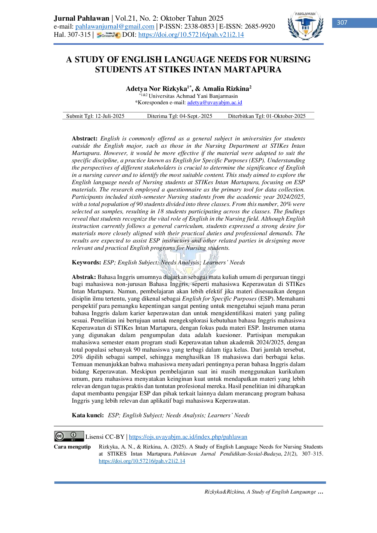 JURIS A Study of English Language Needs for Nursing Students at Stikes Intan Martapura