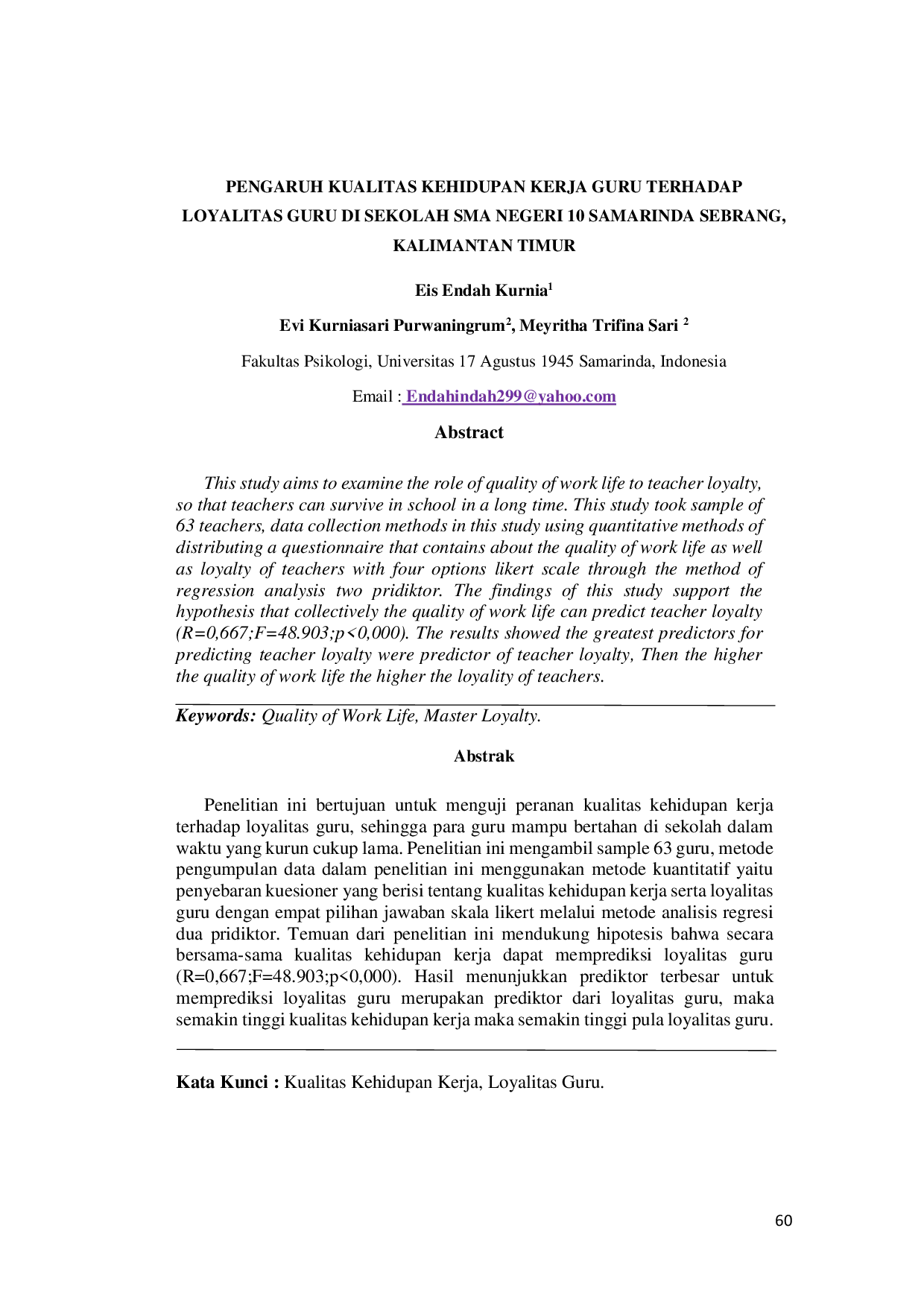JURIS Pengaruh Kualitas Kehidupan Kerja Guru Terhadap Loyalitas Guru Di Sekolah Sma Negeri 10 Samarinda Sebrang Kalimantan Timur