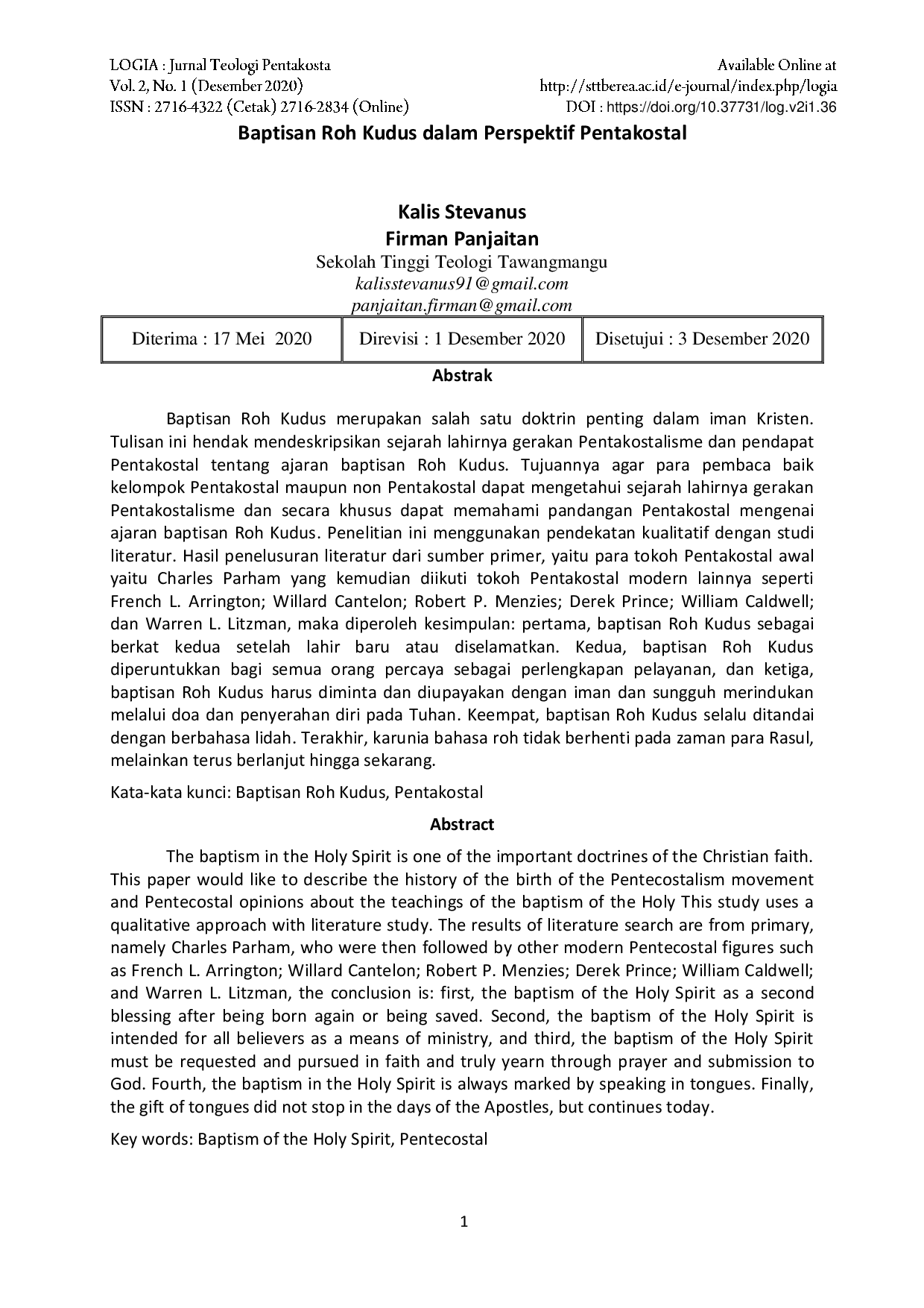 JURIS Baptisan Roh Kudus Dalam Perspektif Pentakostal