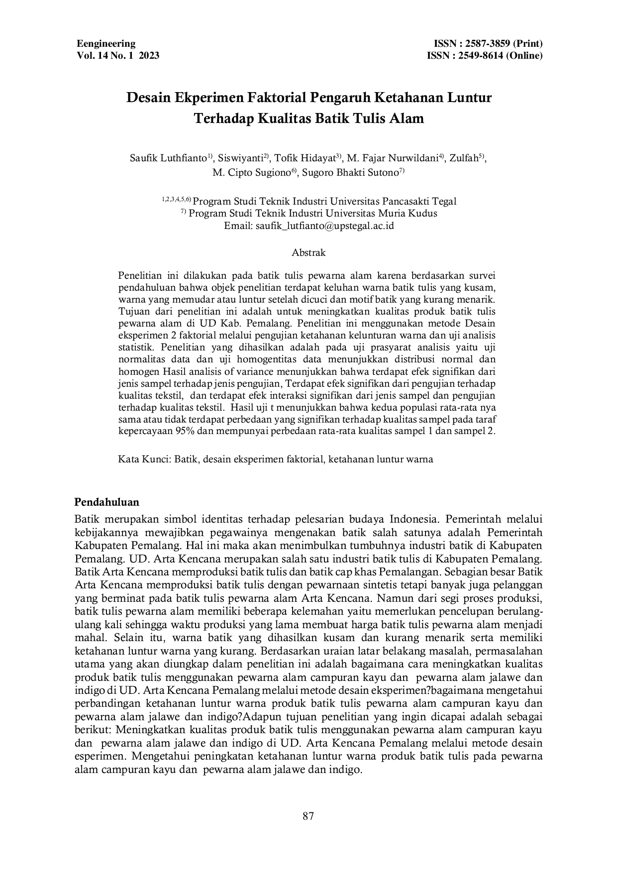 JURIS Desain Ekperimen Faktorial Pengaruh Ketahanan Luntur Terhadap Kualitas Batik Tulis Alam