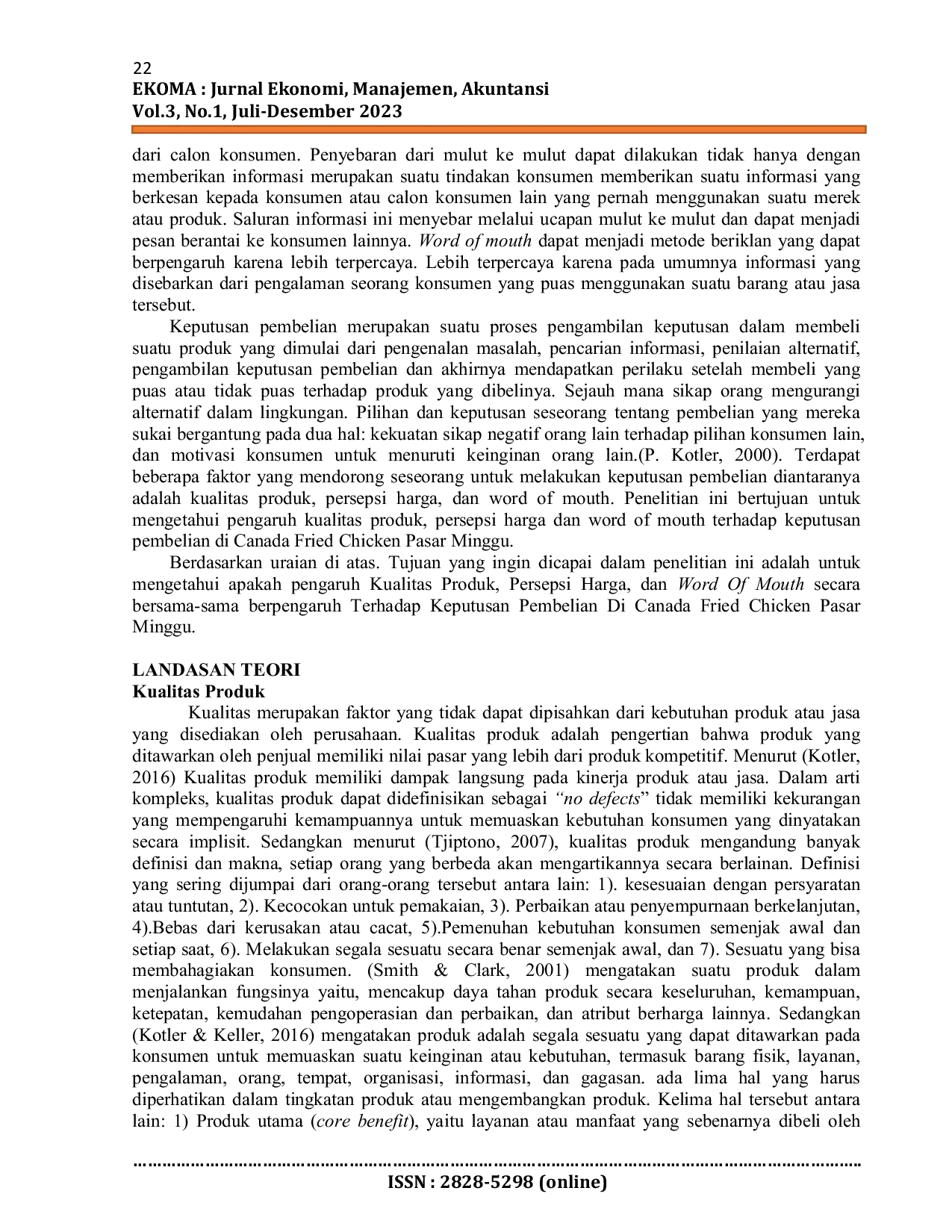 JURIS Pengaruh Kualitas Produk Persepsi Harga dan Word Of Mouth Terhadap Keputusan Pembelian di Canada Fried Chicken Pasar Minggu