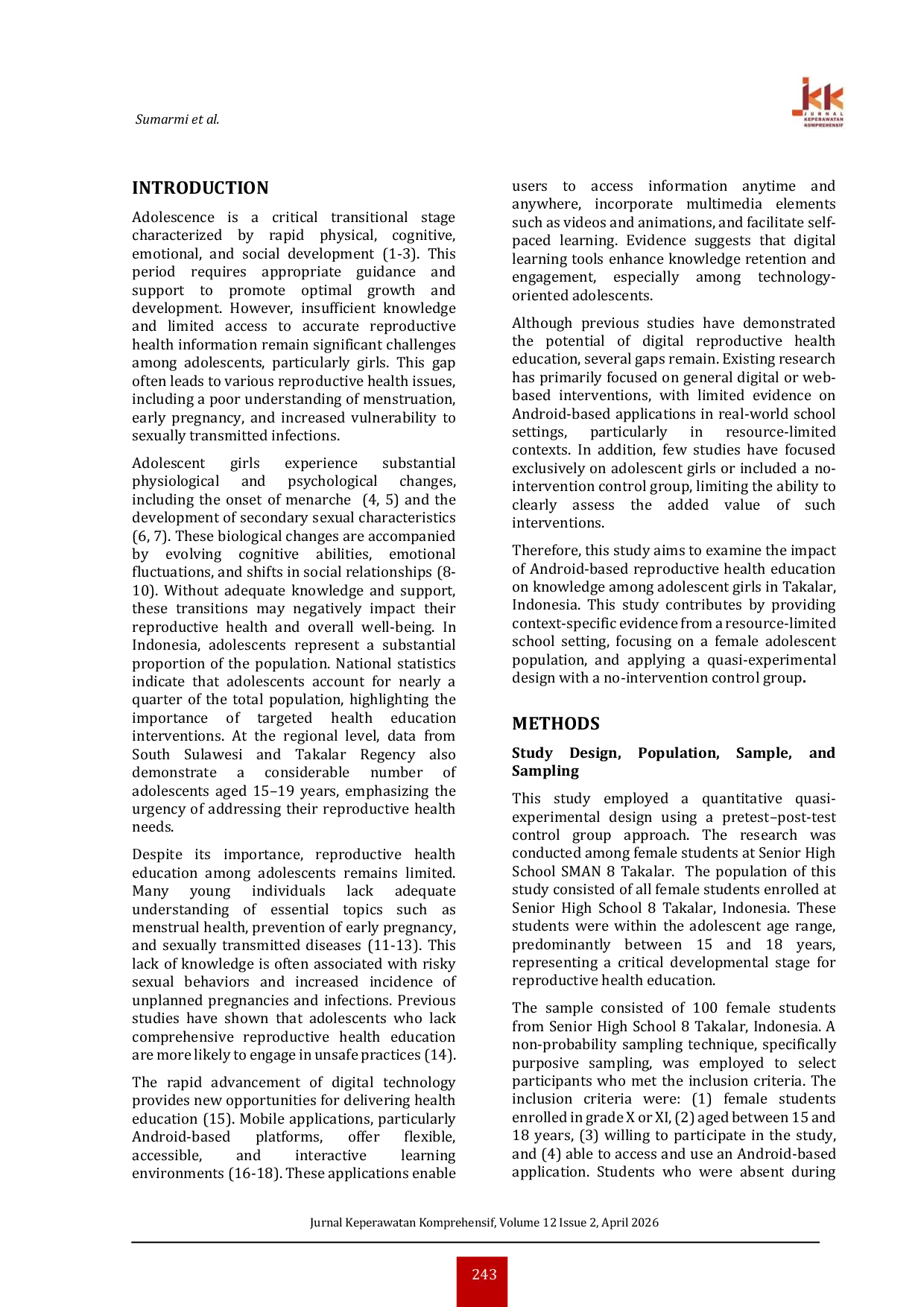 JURIS Impact of Android Based Reproductive Health Education on Knowledge Improvement Among Adolescent Girls in Takalar Indonesia A Quasi Experimental Study in a Senior High School