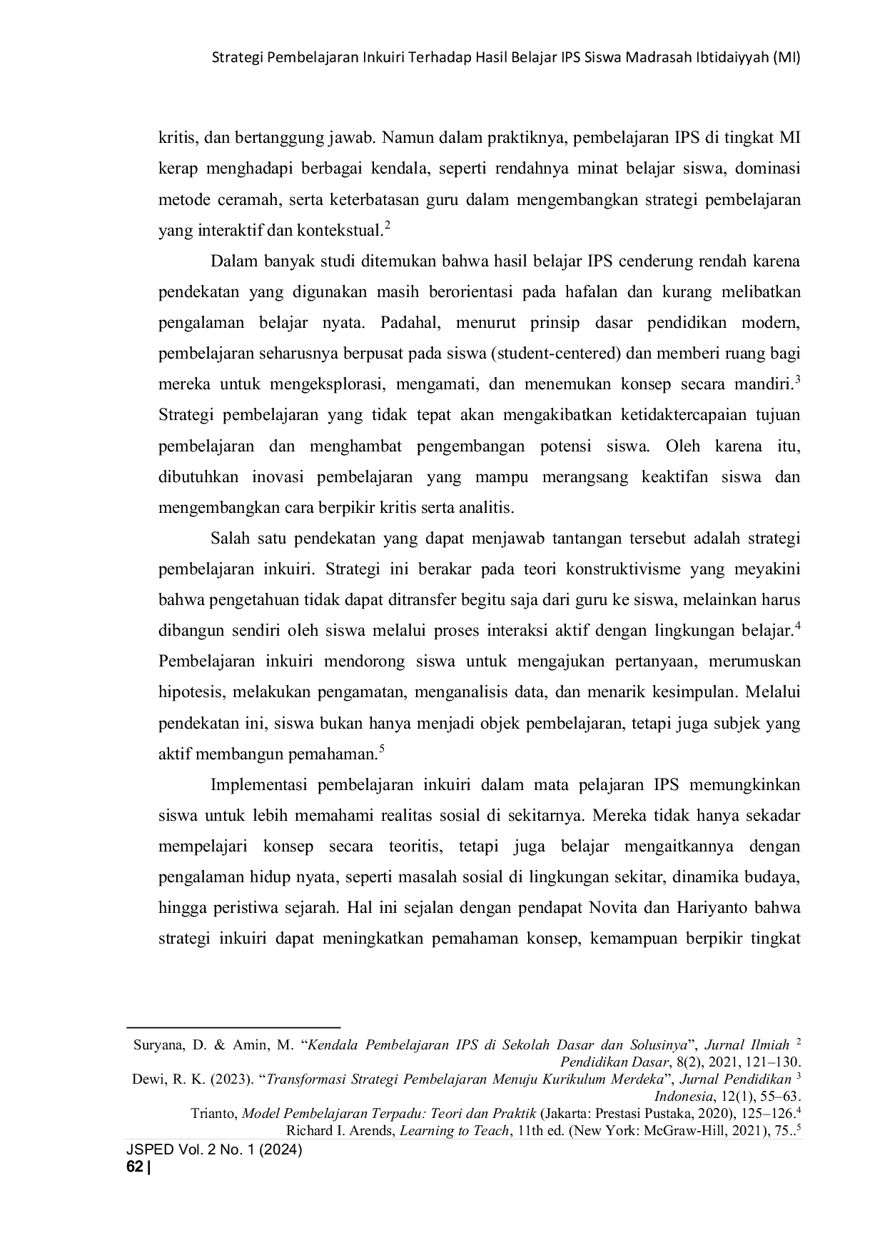 JURIS Strategi Pembelajaran Inkuiri terhadap Hasil Belajar IPS Siswa Madrasah Ibtidaiyyah