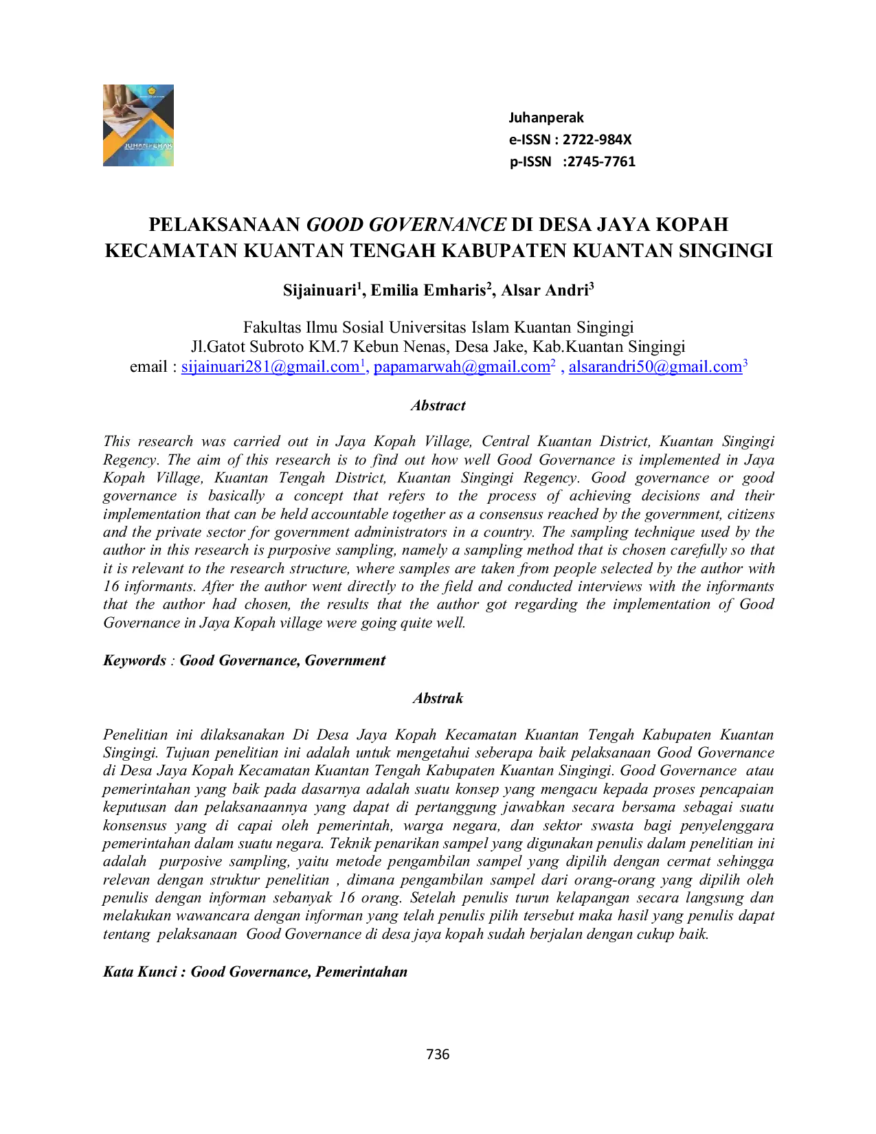 JURIS Pelaksanaan Good Governance Di Desa Jaya Kopah Kecamatan Kuantan Tengah Kabupaten Kuantan Singingi