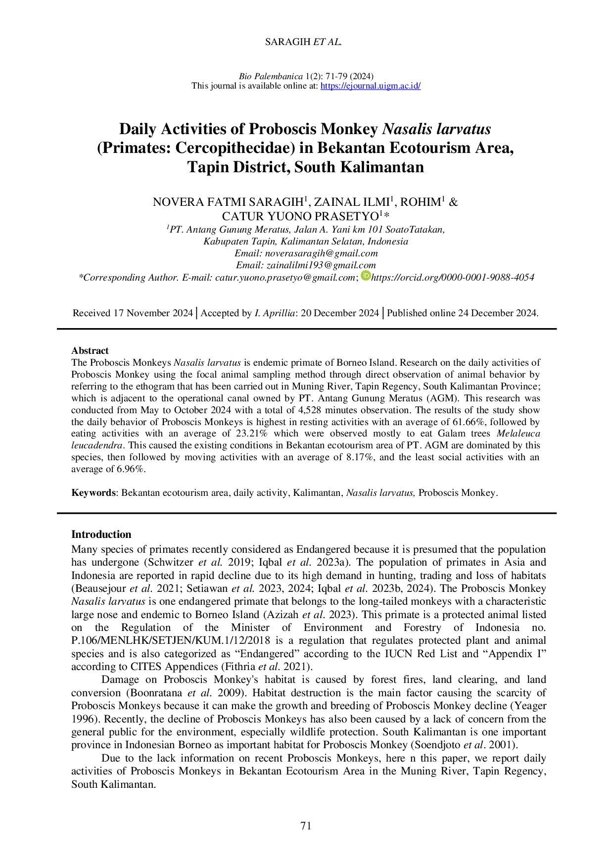 JURIS Daily Activities of Proboscis Monkey Nasalis larvatus in Bekantan Ecotourism Area Tapin District South Kalimantan
