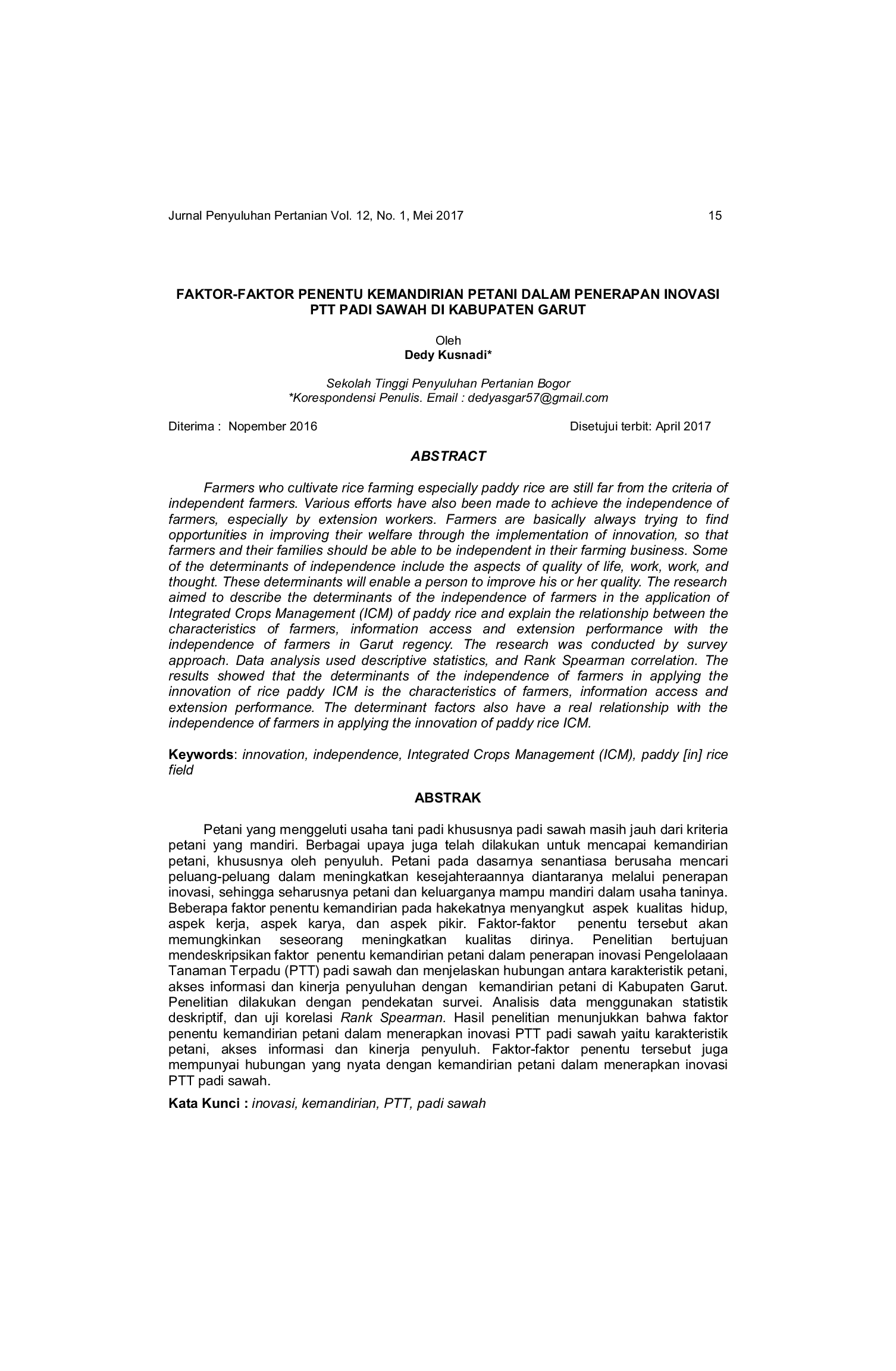 JURIS Factors Determining Farmers Independence in Applying Innovation of PTT Rice Field in Garut Regency