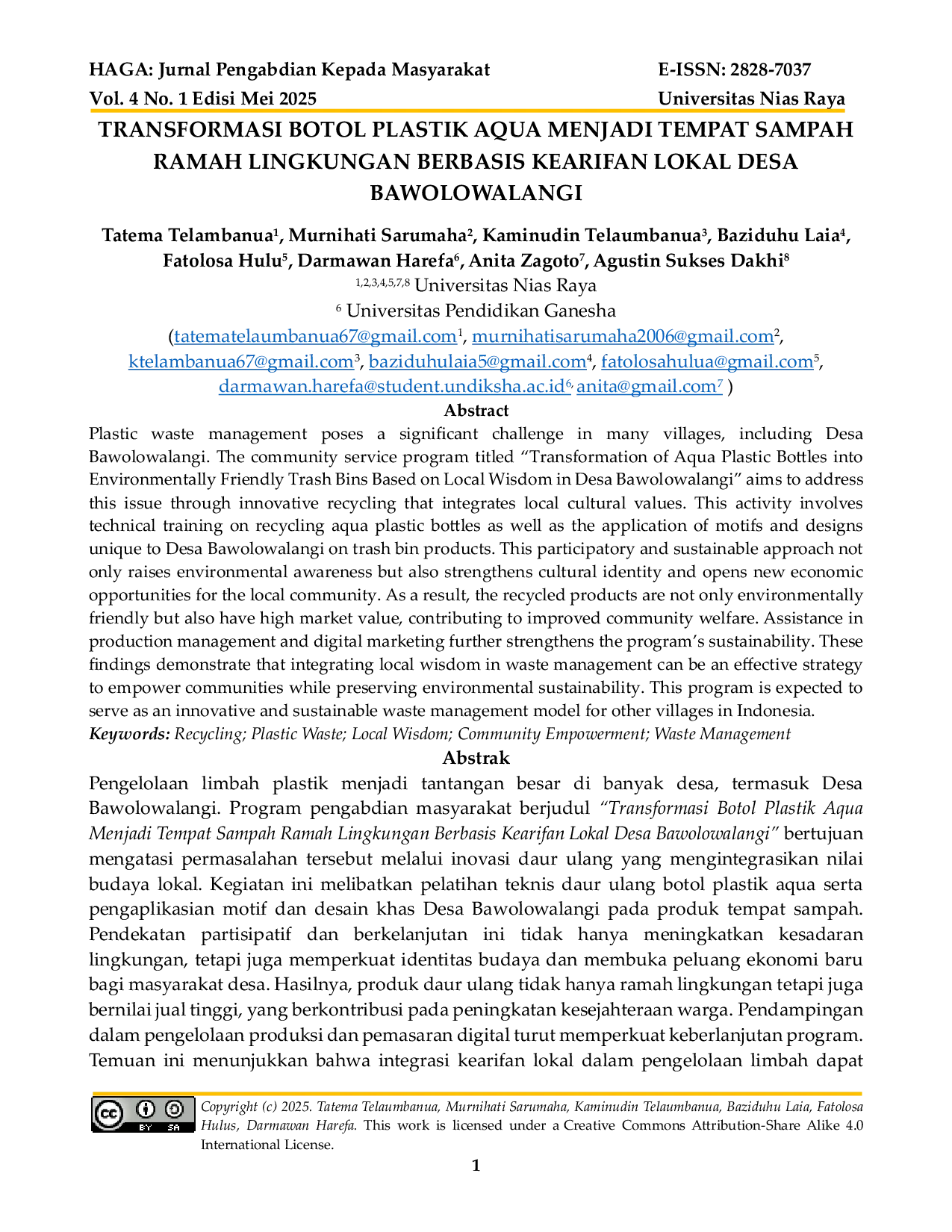 JURIS Transformasi Botol Plastik Aqua Menjadi Tempat Sampah Ramah Lingkungan Berbasis Kearifan Lokal Desa Bawolowalangi