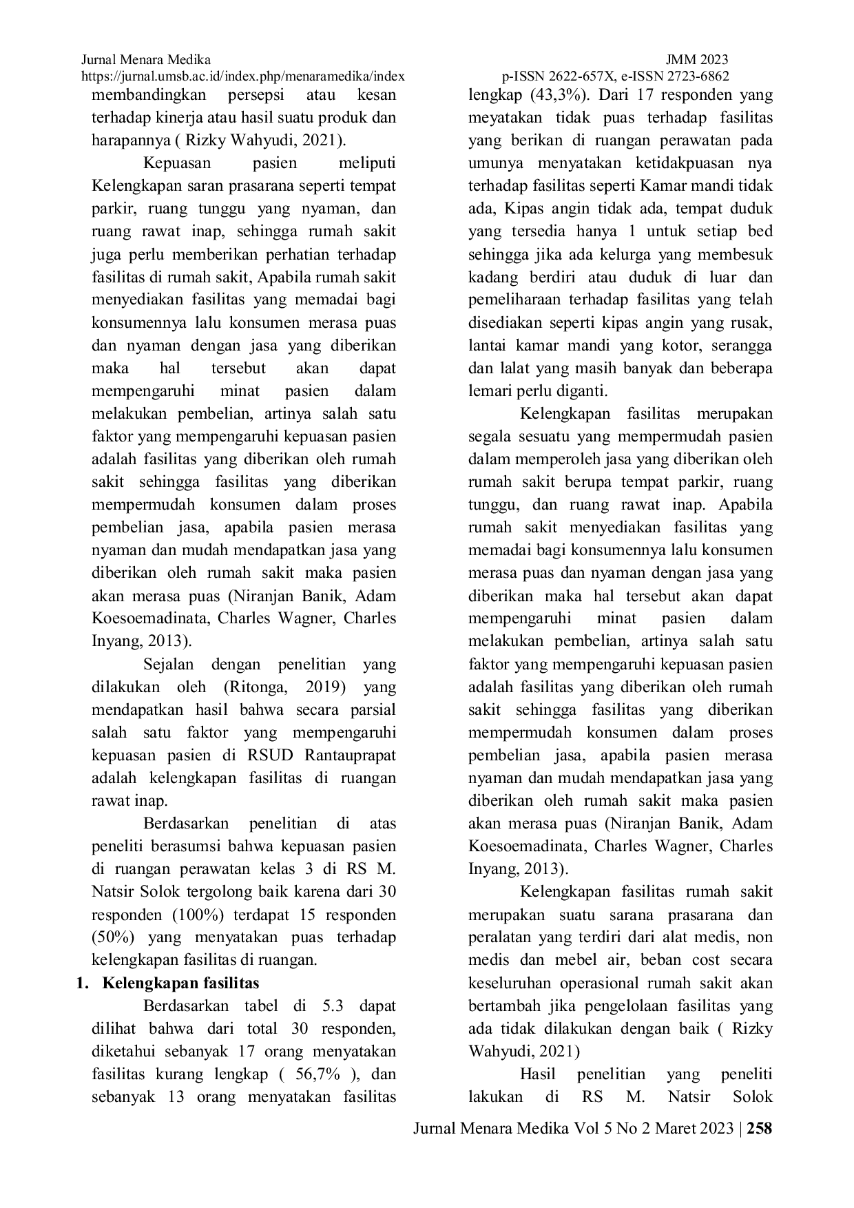 JURIS Hubungan Kepuasan Pasien Rawat Inap Terhadap Kelengkapan Fasilitas Ruangan Di Rumah Sakit