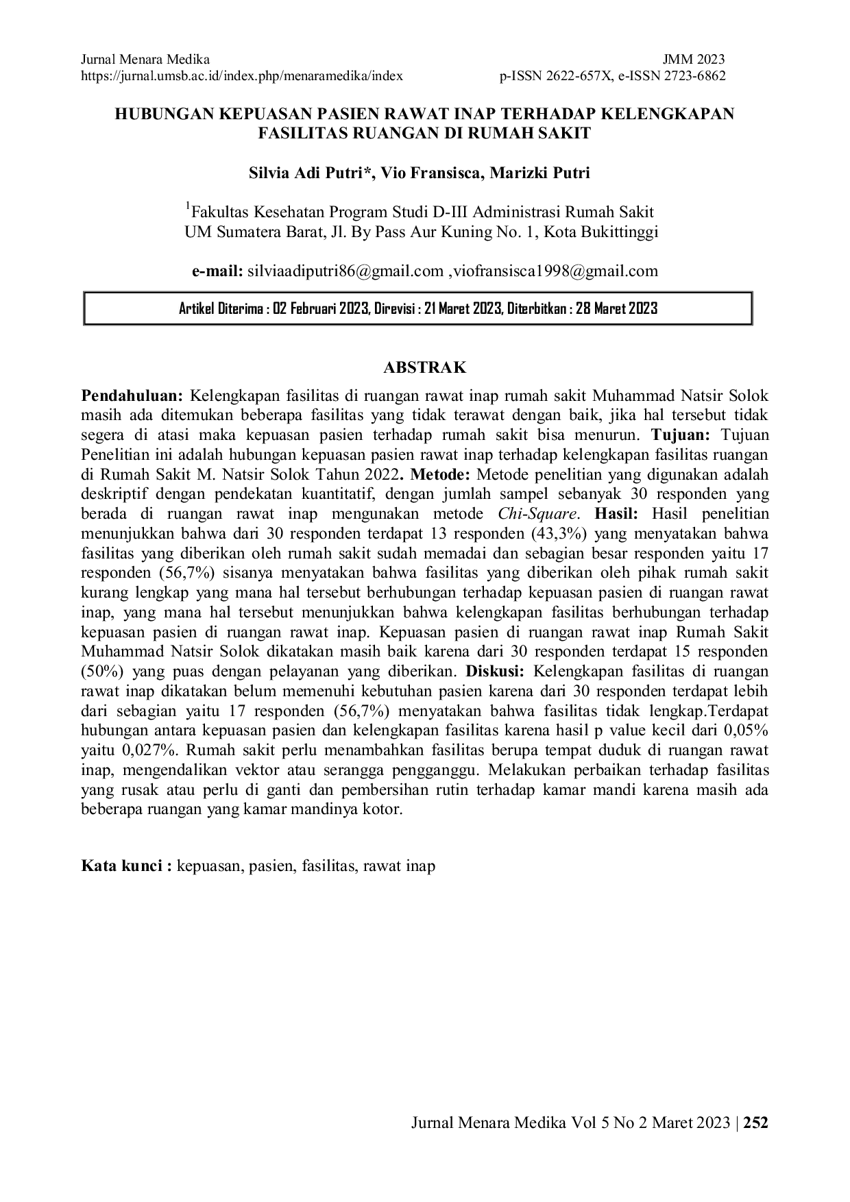 JURIS Hubungan Kepuasan Pasien Rawat Inap Terhadap Kelengkapan Fasilitas Ruangan Di Rumah Sakit