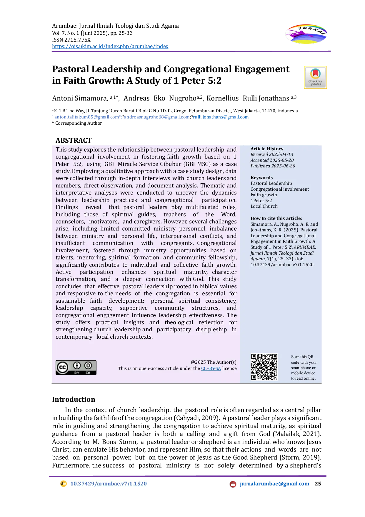 JURIS Pastoral Leadership and Congregational Engagement in Faith Growth A Study of 1 Peter 5 2