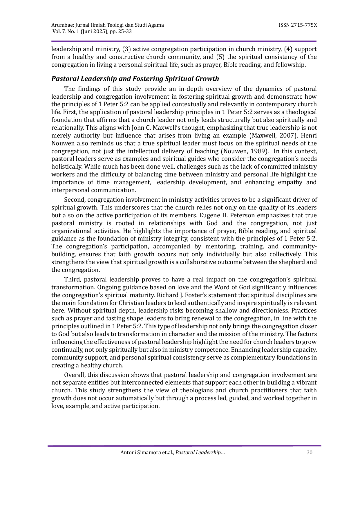 JURIS Pastoral Leadership and Congregational Engagement in Faith Growth A Study of 1 Peter 5 2