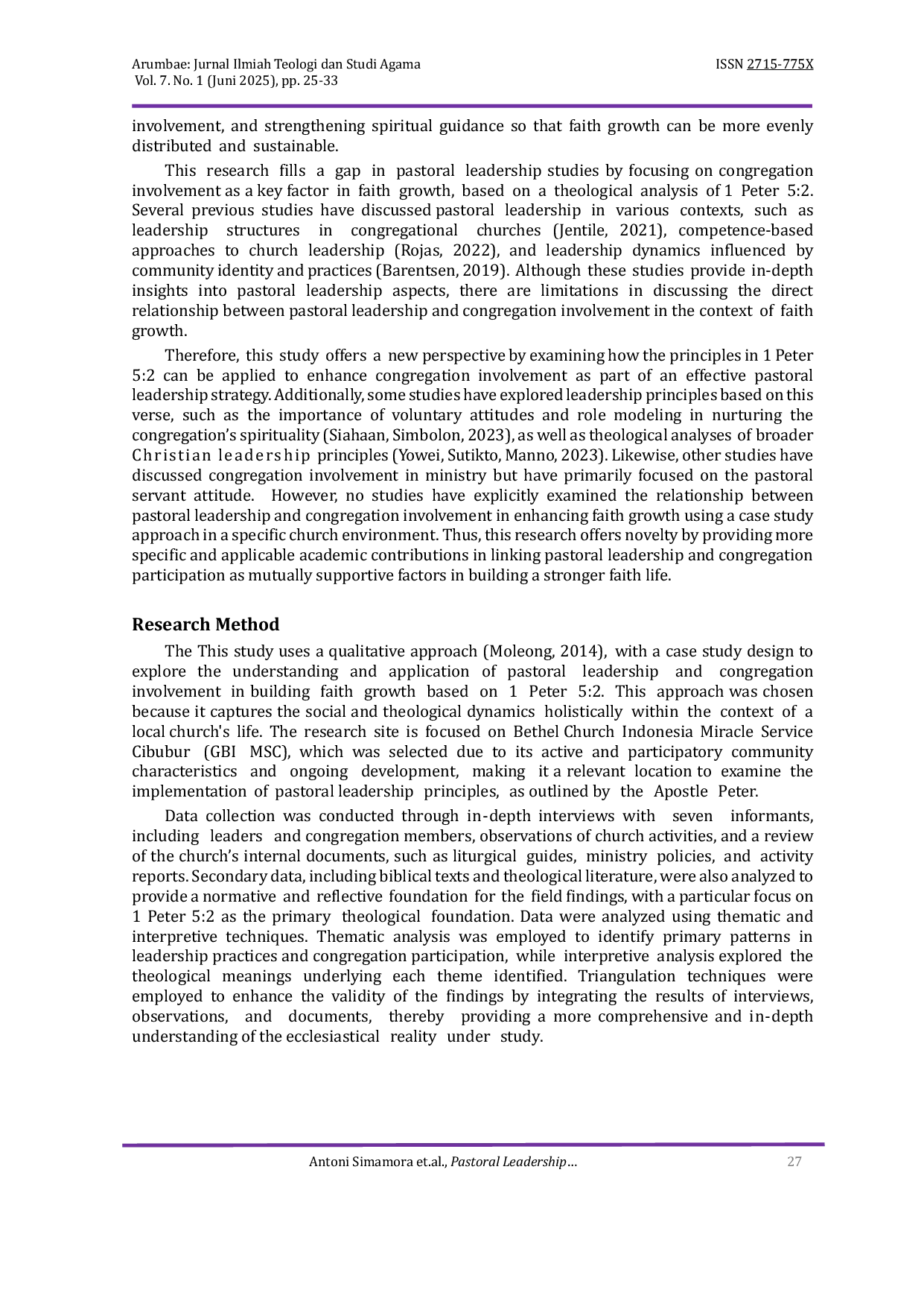 JURIS Pastoral Leadership and Congregational Engagement in Faith Growth A Study of 1 Peter 5 2