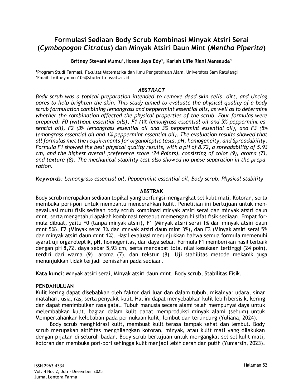 JURIS Formulasi Sediaan Body Scrub Minyak Atsiri Serai Cymbopogon Citratus Dan Minyak Atsiri Daun mint Mentha Piperita