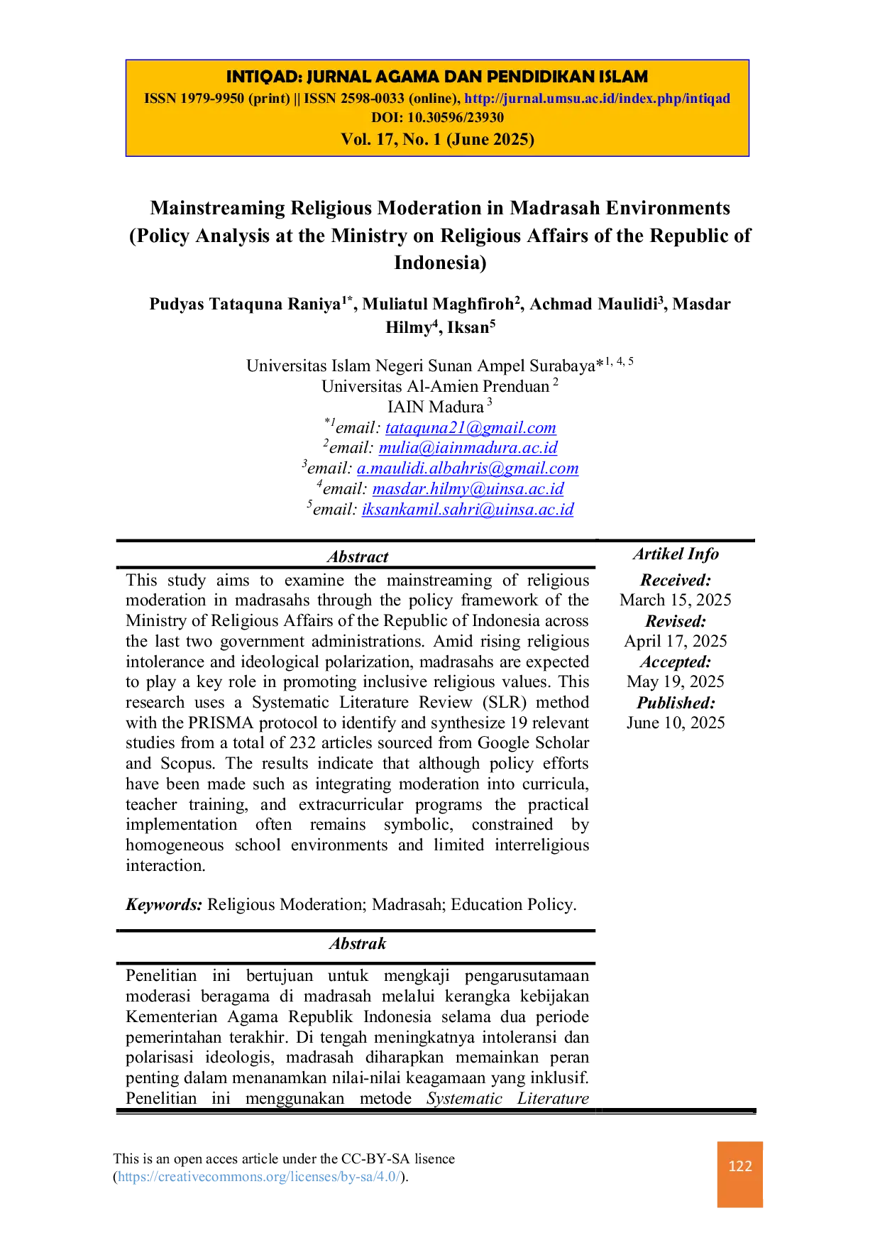JURIS Mainstreaming Religious Moderation in Madrasah Environments Policy Analysis at the Ministry on Religious Affairs of the Republic of Indonesia