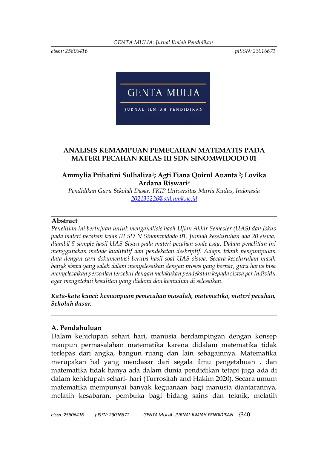 JURIS Analisis Kemampuan Pemecahan Masalah Matematis Pada Materi Pecahan Kelas III Sdn Sinomwidodo 01