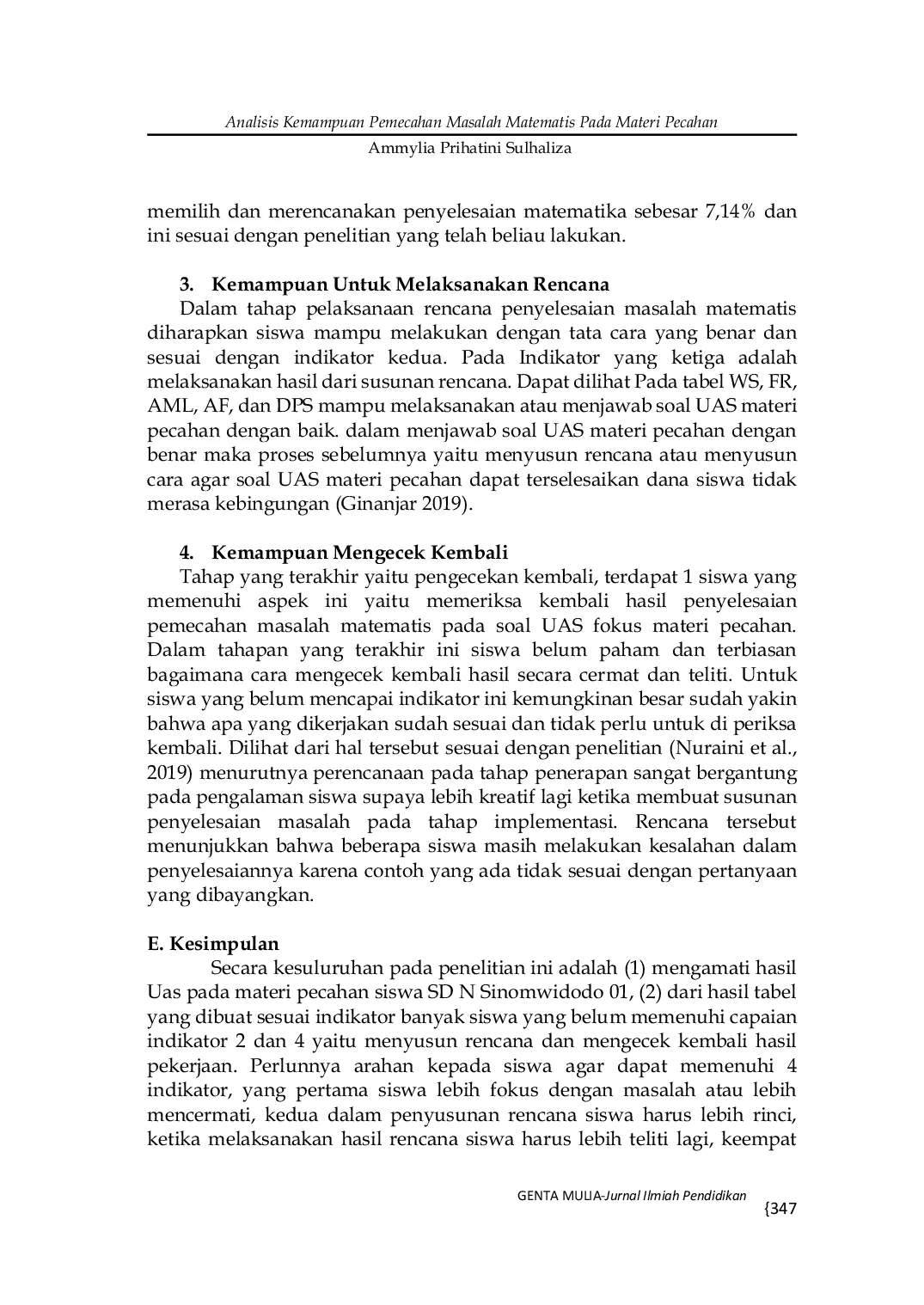 JURIS Analisis Kemampuan Pemecahan Masalah Matematis Pada Materi Pecahan Kelas III Sdn Sinomwidodo 01