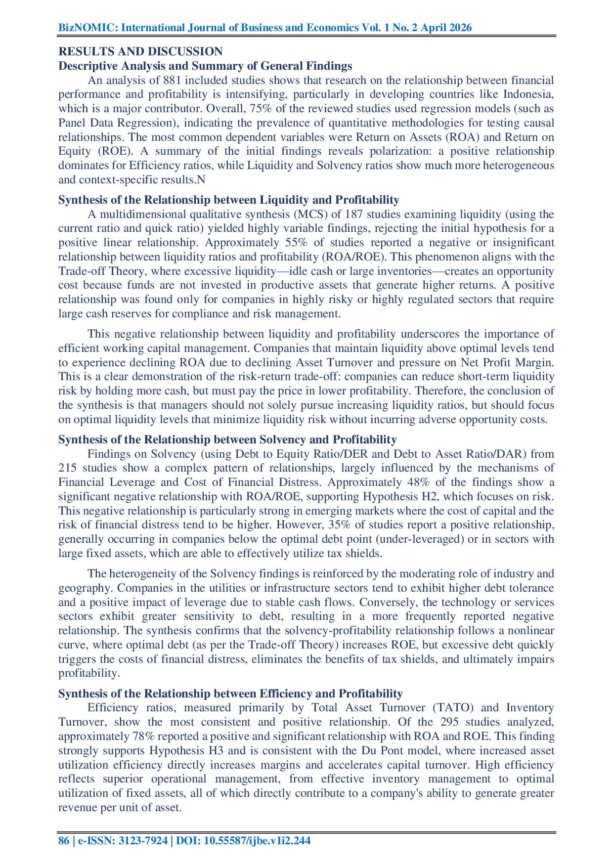 JURIS The Effect of Financial Performance on Profitability a Systematic Review and Multidimensional Synthesis