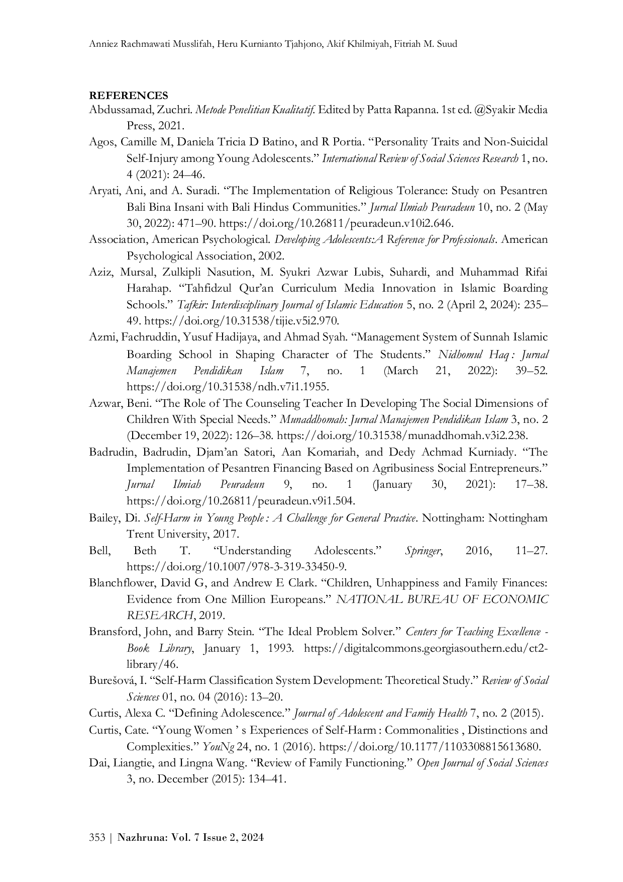 JURIS Forms of Self Harm Behavior in Adolescent Students at Boarding School
