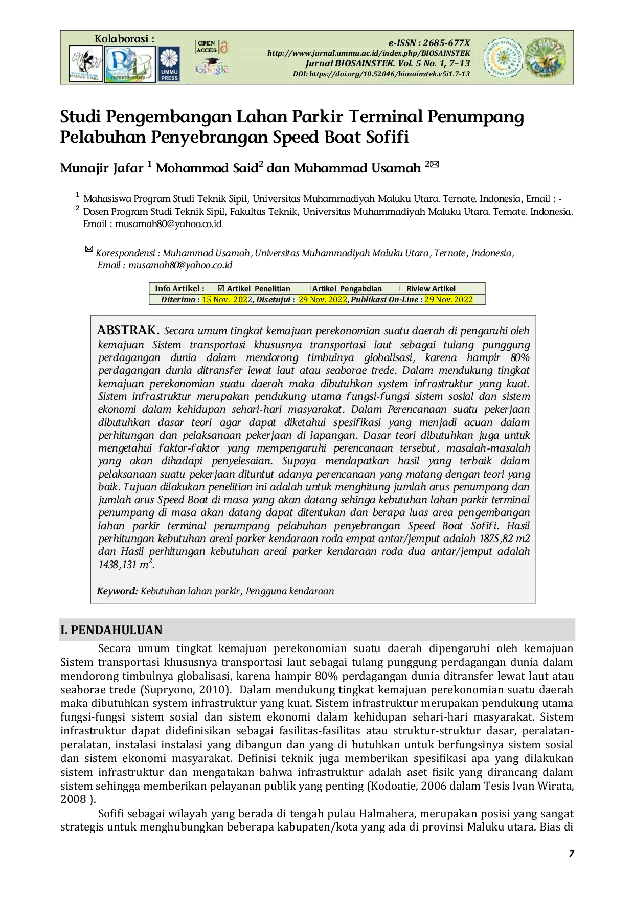 JURIS Studi Pengembangan Lahan Parkir Terminal Penumpang Pelabuhan Penyebrangan Speed Boat Sofifi