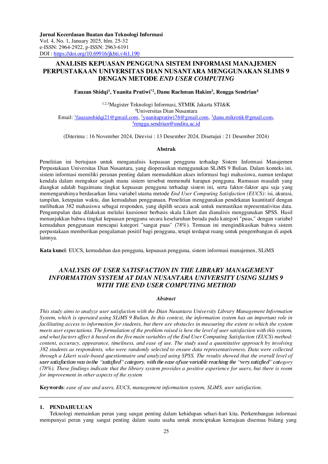 juris Analisis Kepuasan Pengguna Sistem Informasi Manajemen Perpustakaan Universitas Dian Nusantara Menggunakan SLiMS 9 Dengan Metode End User Computing
