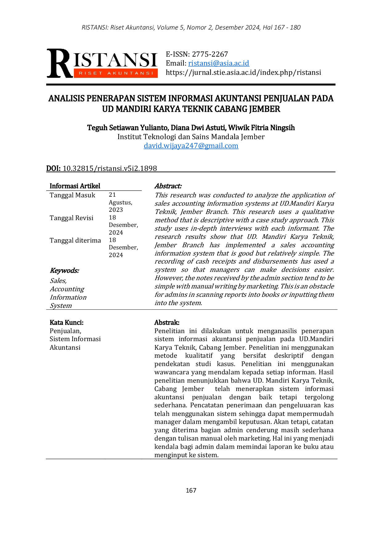JURIS Analisis Penerapan Sistem Informasi Akuntansi Penjualan Pada Ud Mandiri Karya Teknik Cabang Jember