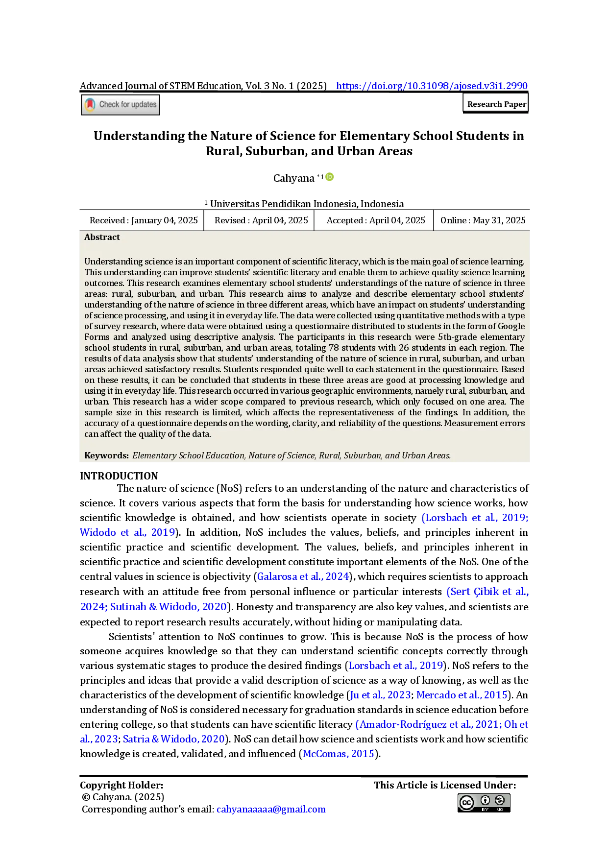 juris Understanding the Nature of Science for Elementary School Students in Rural Suburban and Urban Areas