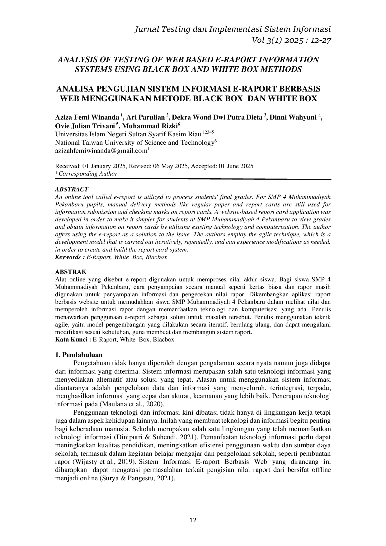 JURIS Analisa Pengujian Sistem Informasi E Raport Berbasis Web Menggunakan Metode Black Box dan White Box