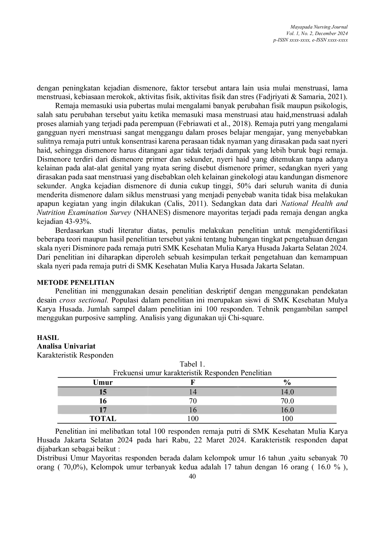 JURIS Hubungan Tingkat Pengetahuan Dengan Skala Nyeri Dismenore Pada Remaja Putri Smk Kesehatan Mulia Karya Husada Jakarta Selatan
