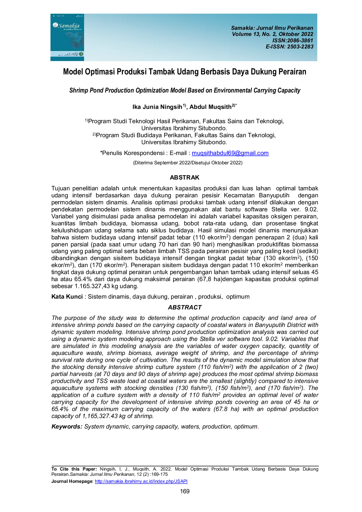 JURIS Model Optimasi Produksi Tambak Udang Berbasis Daya Dukung Perairan