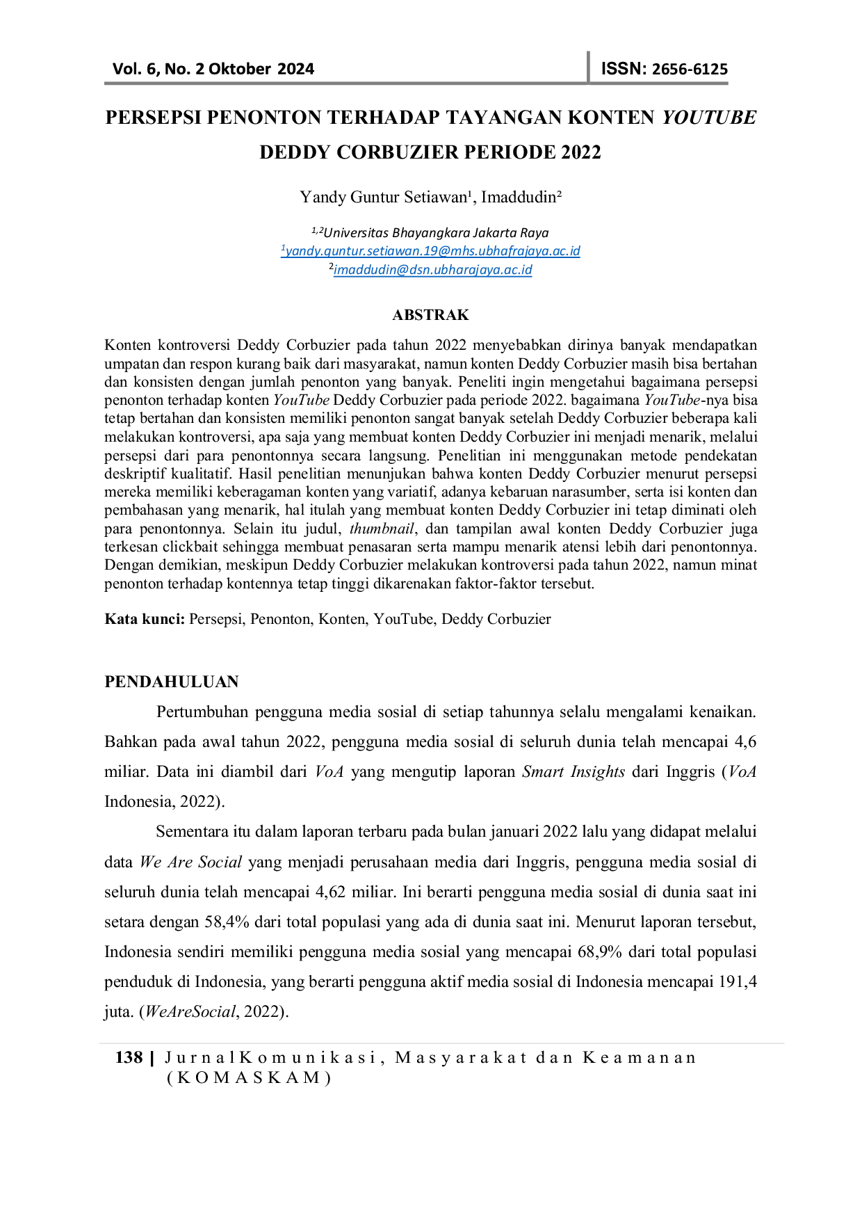 JURIS Persepsi Penonton Terhadap Tayangan Konten YouTube Deddy Corbuzier Periode 2022