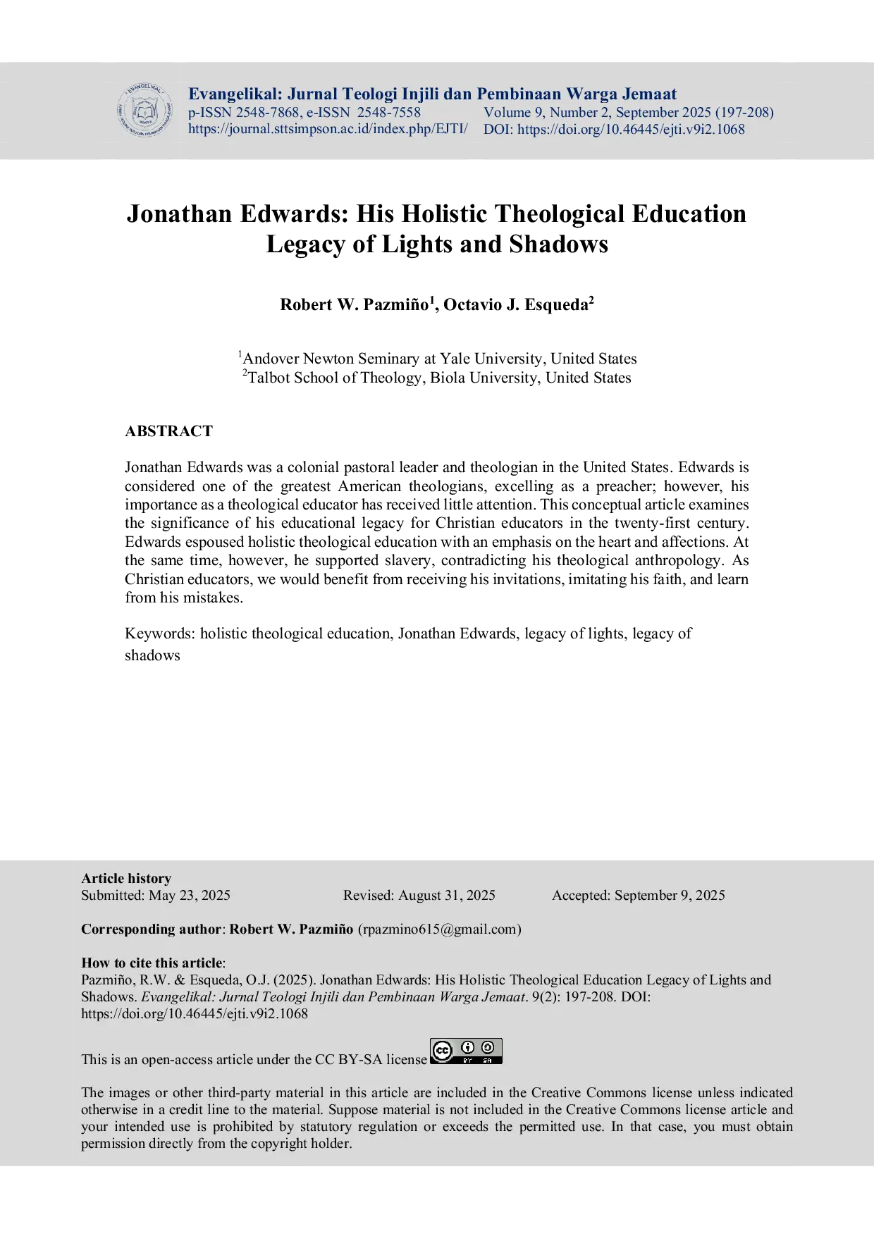 JURIS Jonathan Edwards His Holistic Theological Education Legacy of Lights and Shadows