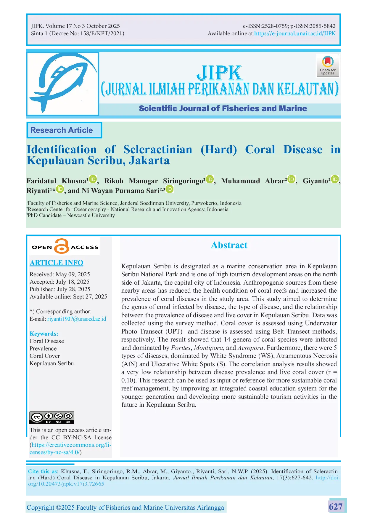 JURIS Identification of Hard Coral Disease Scleractina in Seribu Islands