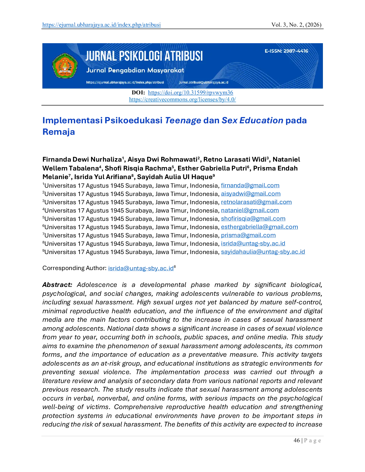 JURIS Implementasi Psikoedukasi Teenage dan Sex Education pada Remaja