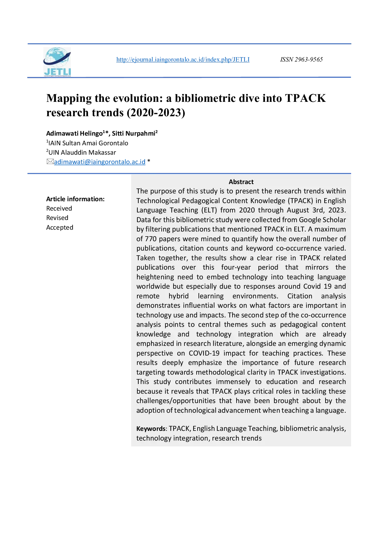 JURIS Mapping the Evolution A Bibliometric Dive into TPACK Research Trends 2020 2023