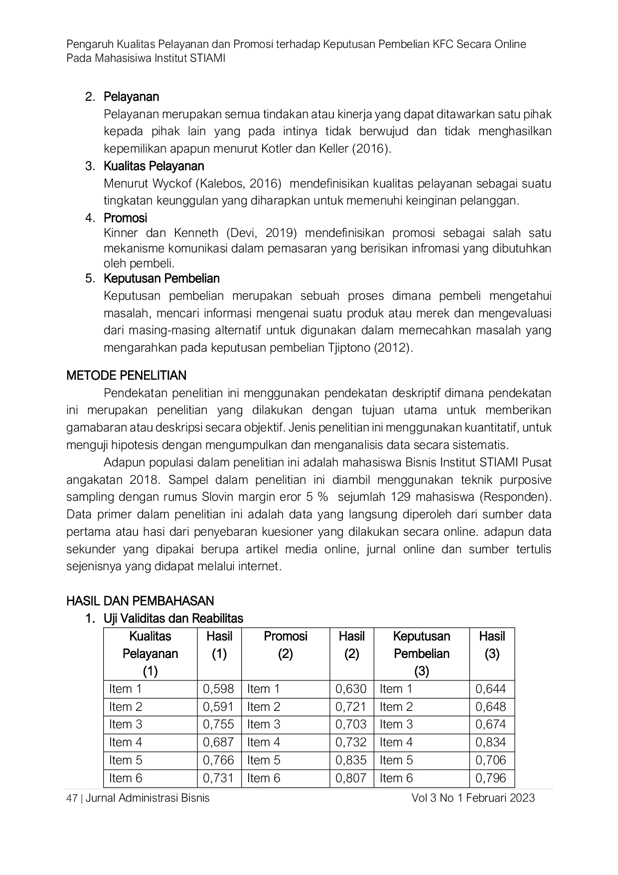 JURIS Pengaruh Kualitas Pelayanan dan Promosi Terhadap Keputusan Pembelian KFC Secara Online Pada Mahasiswa Insitut STIAMI