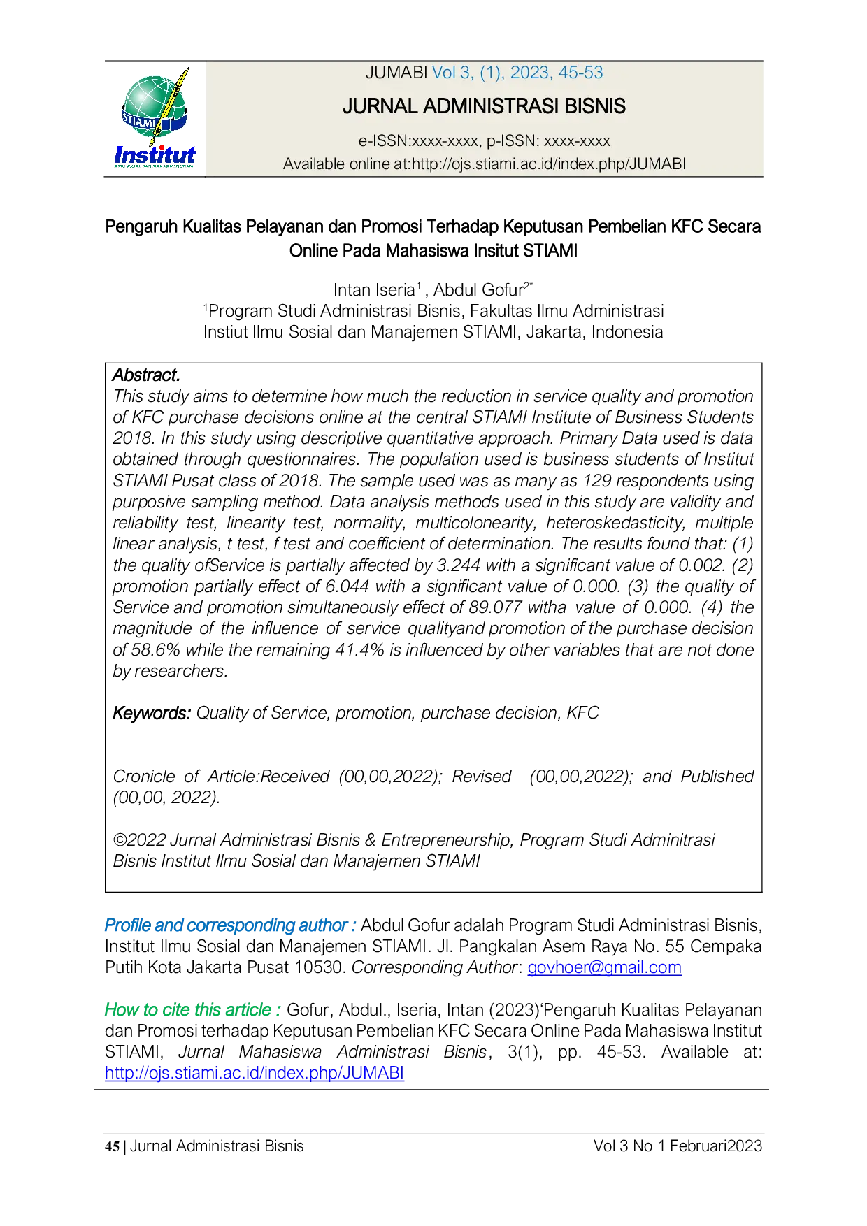 JURIS Pengaruh Kualitas Pelayanan dan Promosi Terhadap Keputusan Pembelian KFC Secara Online Pada Mahasiswa Insitut STIAMI