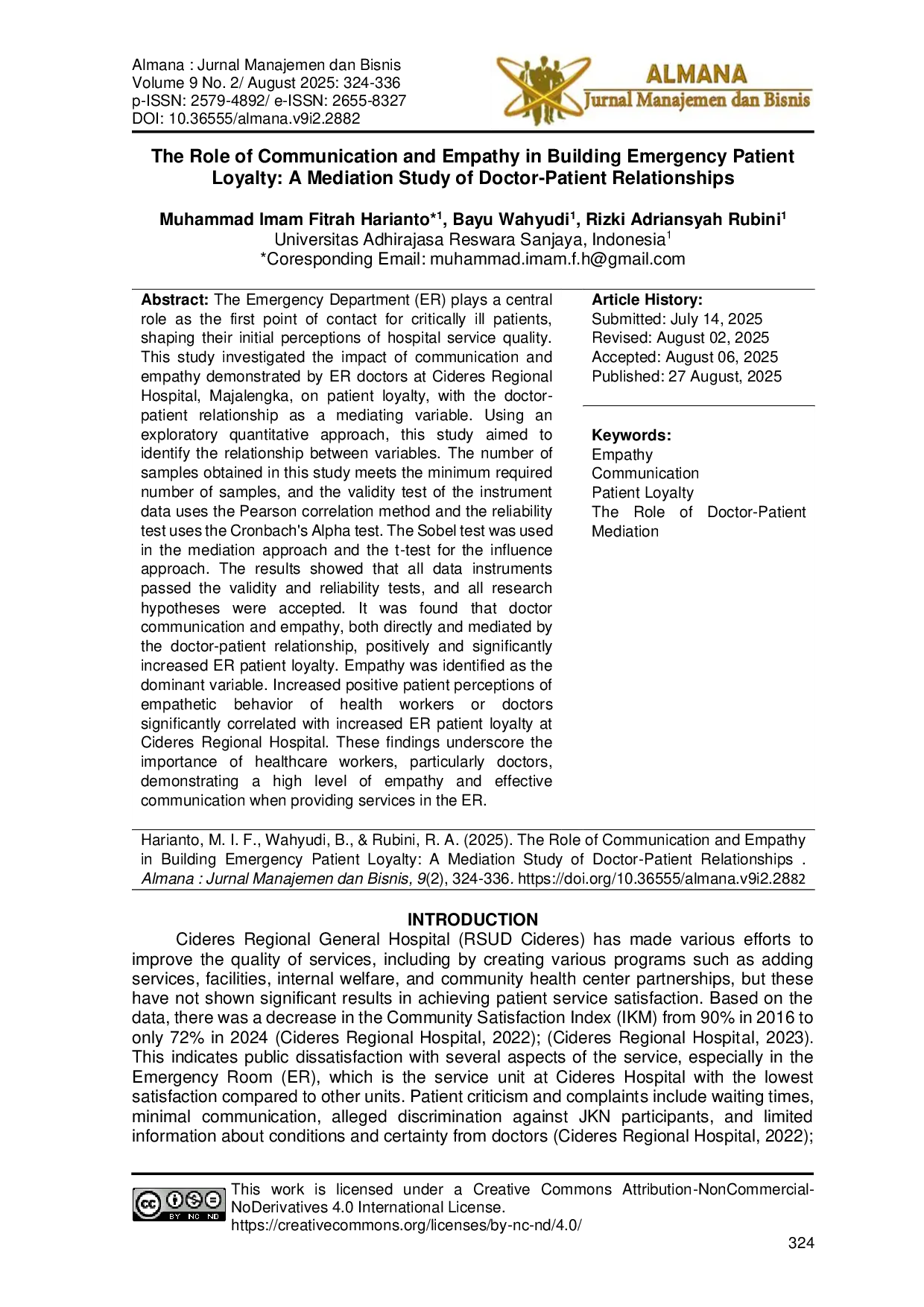 JURIS The Role of Communication and Empathy in Building Emergency Patient Loyalty A Mediation Study of Doctor Patient Relationships