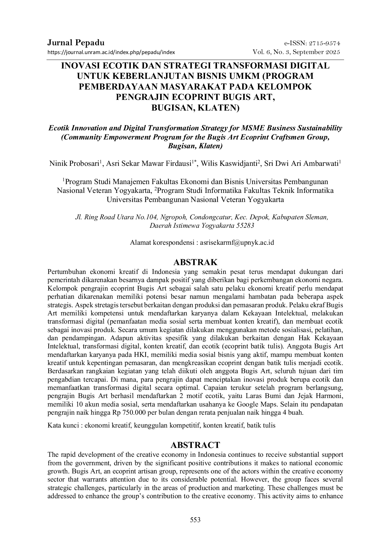 JURIS Inovasi Ecotik Dan Strategi Transformasi Digital Untuk Keberlanjutan Bisnis Umkm Program Pemberdayaan Masyarakat Pada Kelompok Pengrajin Ecoprint Bugis Art Bugisan Klaten