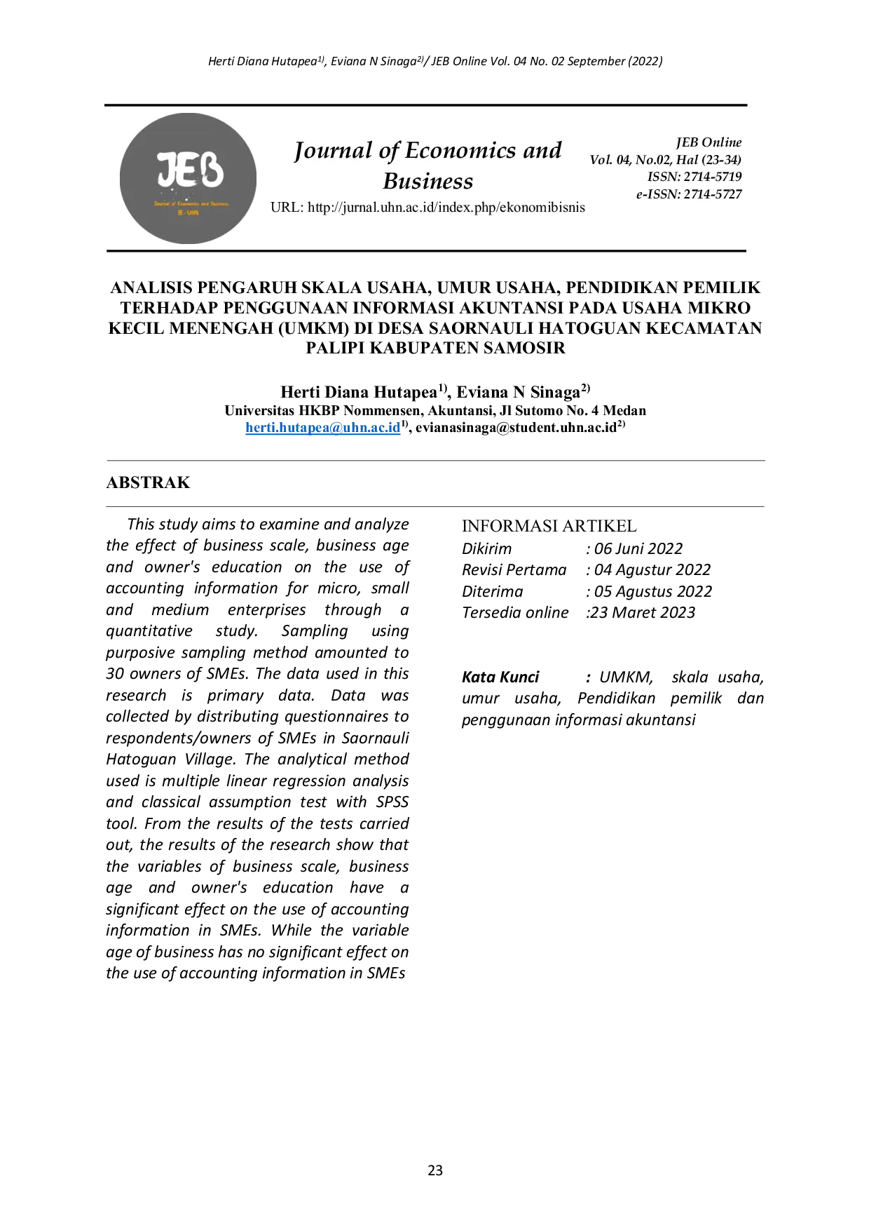 JURIS Analisis Pengaruh Skala Usaha Umur Usaha Pendidikan Pemilik Terhadap Penggunaan Informasi Akuntansi Pada Usaha Mikro Kecil Menengah UMKM Di Desa Saornauli Hatoguan Kecamatan Palipi Kabupaten Samos
