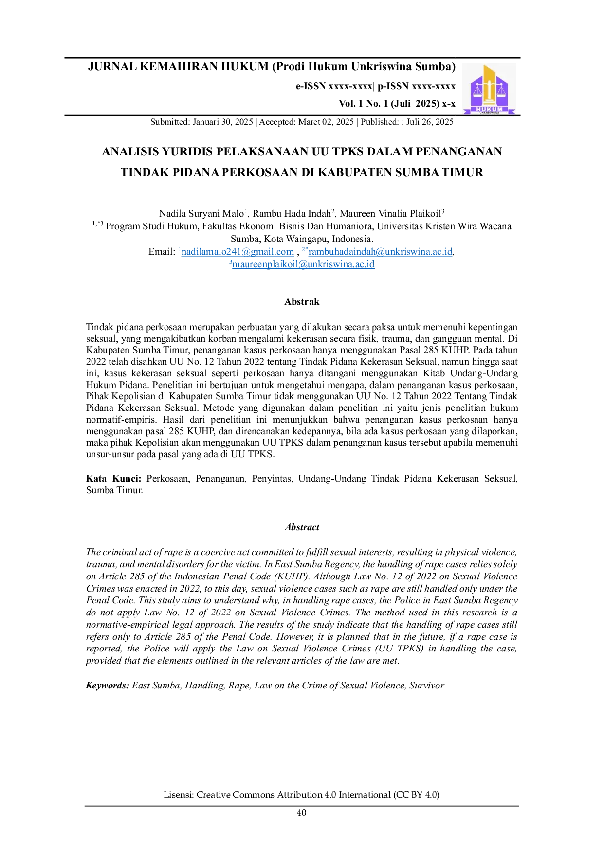 JURIS Analisis Yuridis Pelaksanaan UU TPKS dalam Penanganan Tindak Pidana Perkosaan di Kabupaten Sumba Timur