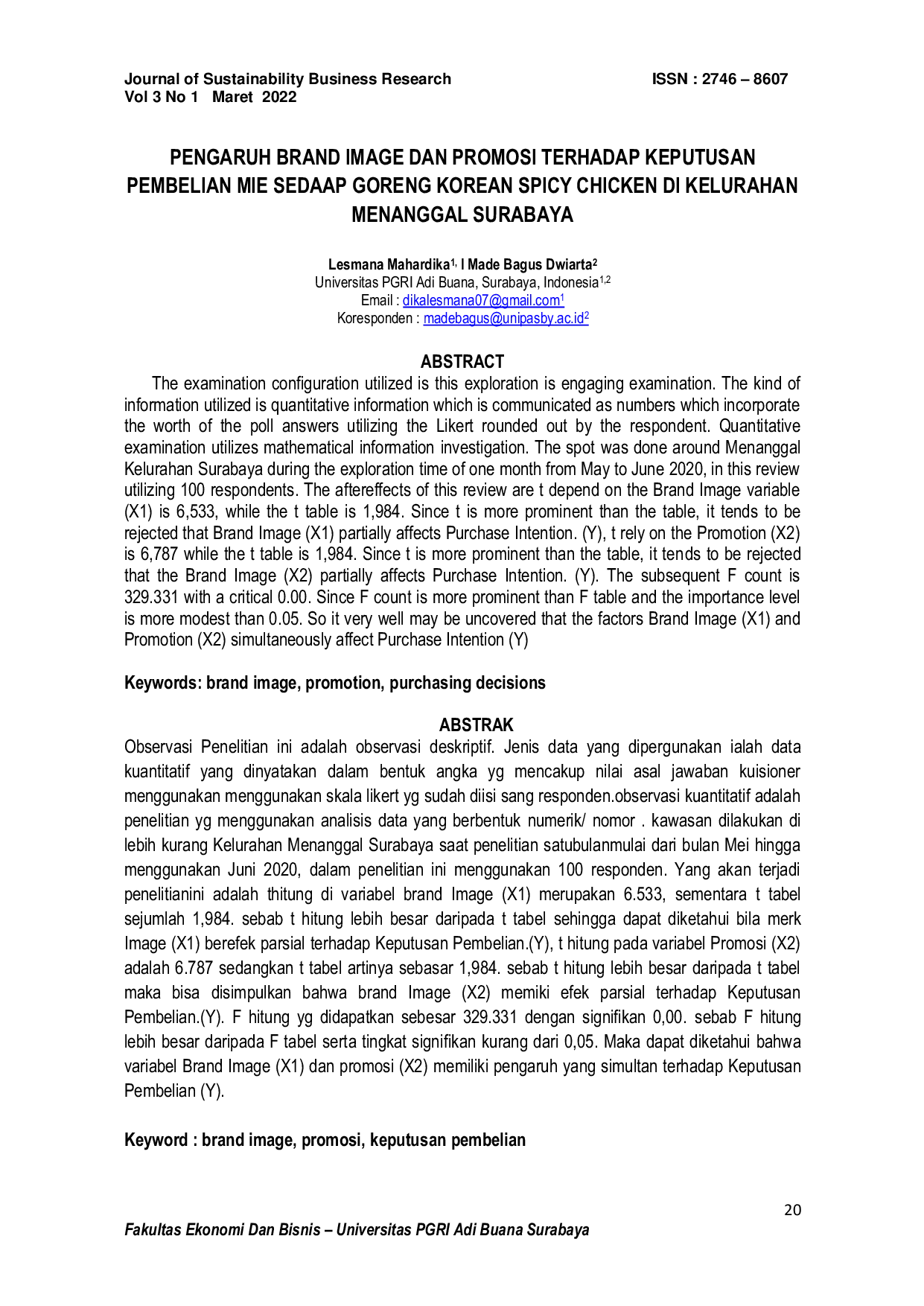 JURIS Pengaruh Brand Image dan Promosi terhadap Keputusan Pembelian Mie Sedap Goreng Korean Spicy Chicken di Kelurahan Menanggal Surabaya