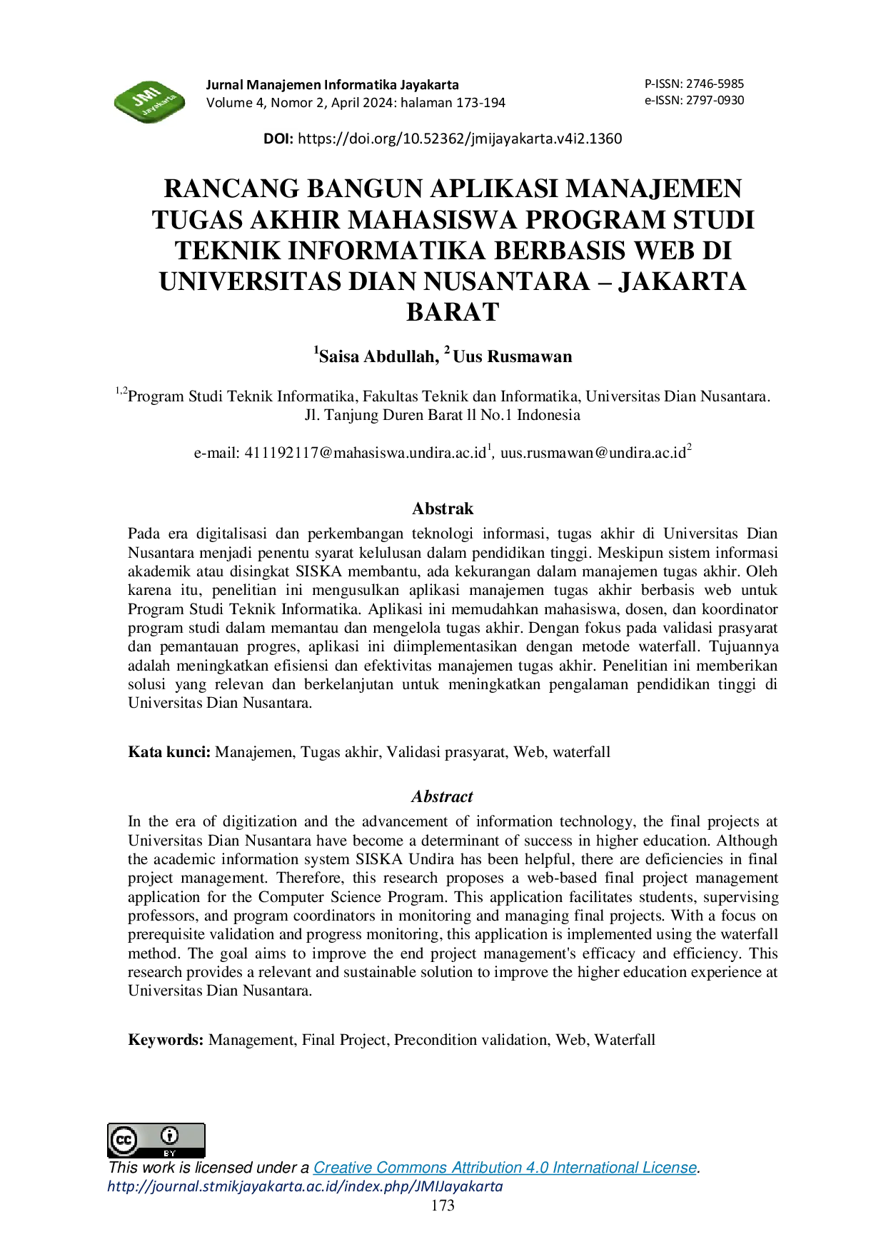 JURIS Rancang Bangun Aplikasi Manajemen Tugas Akhir Mahasiswa Program Studi Teknik Informatika Berbasis Web Di Universitas Dian Nusantara Jakarta Barat