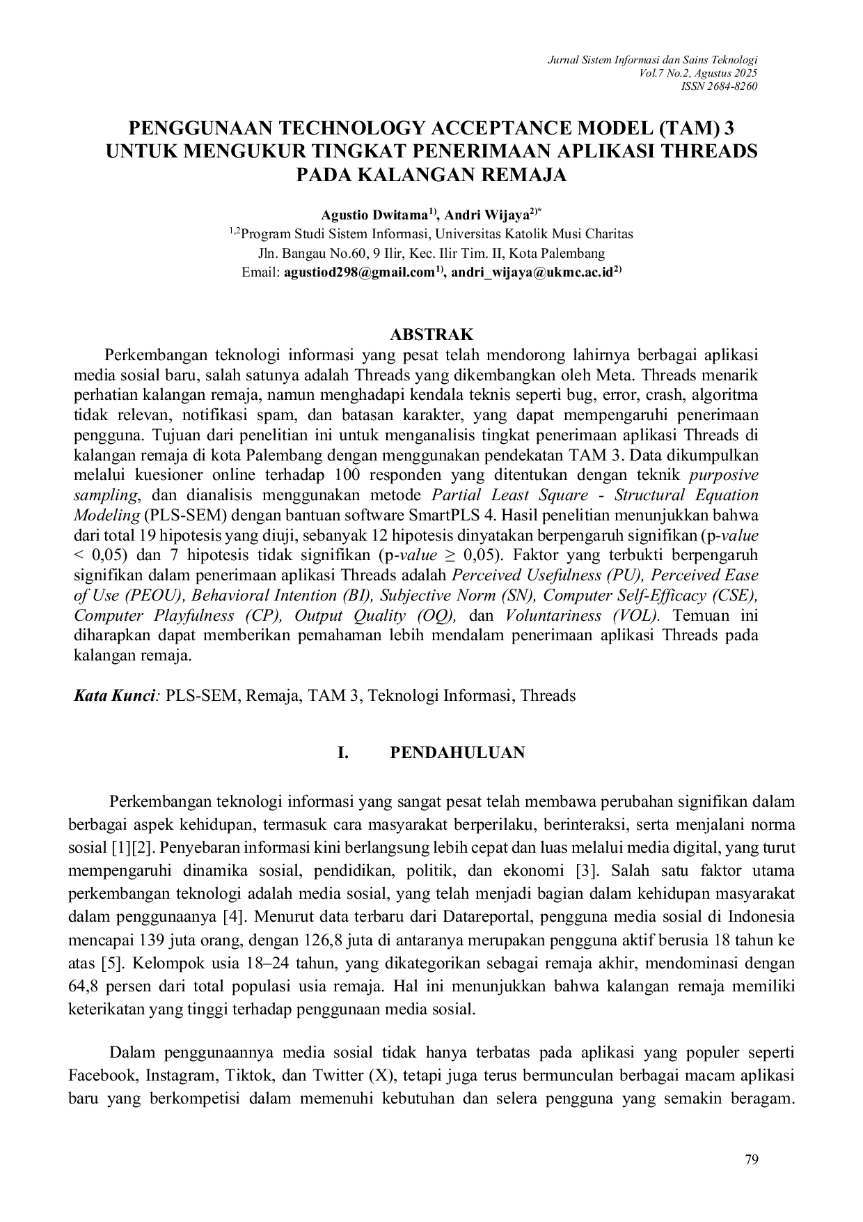 JURIS Penggunaan Technology Acceptance Model TAM 3 Untuk Mengukur Tingkat Penerimaan Aplikasi Threads Pada Kalangan Remaja