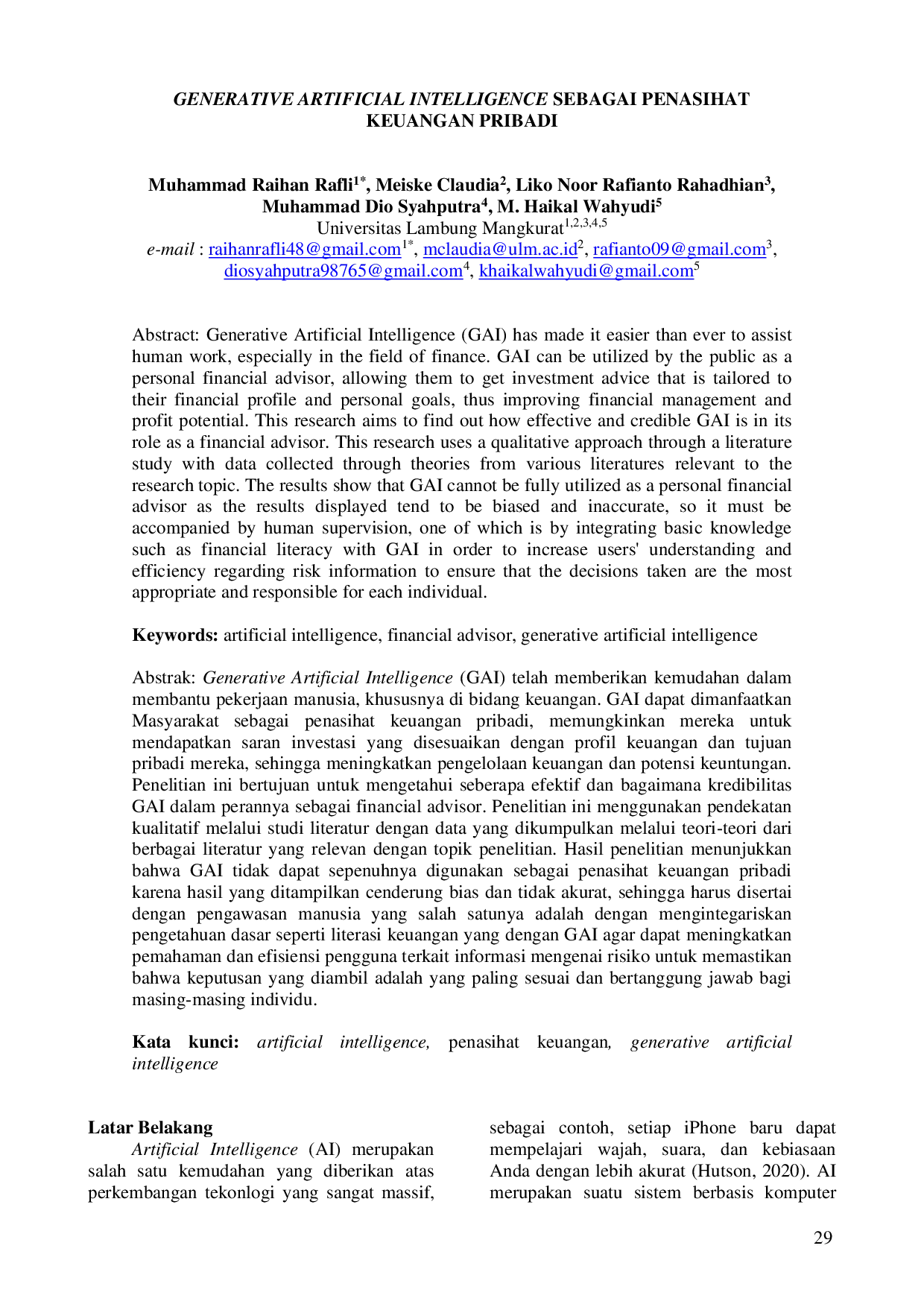 JURIS Generative Artificial Intelligence Sebagai Penasihat Keuangan Pribadi