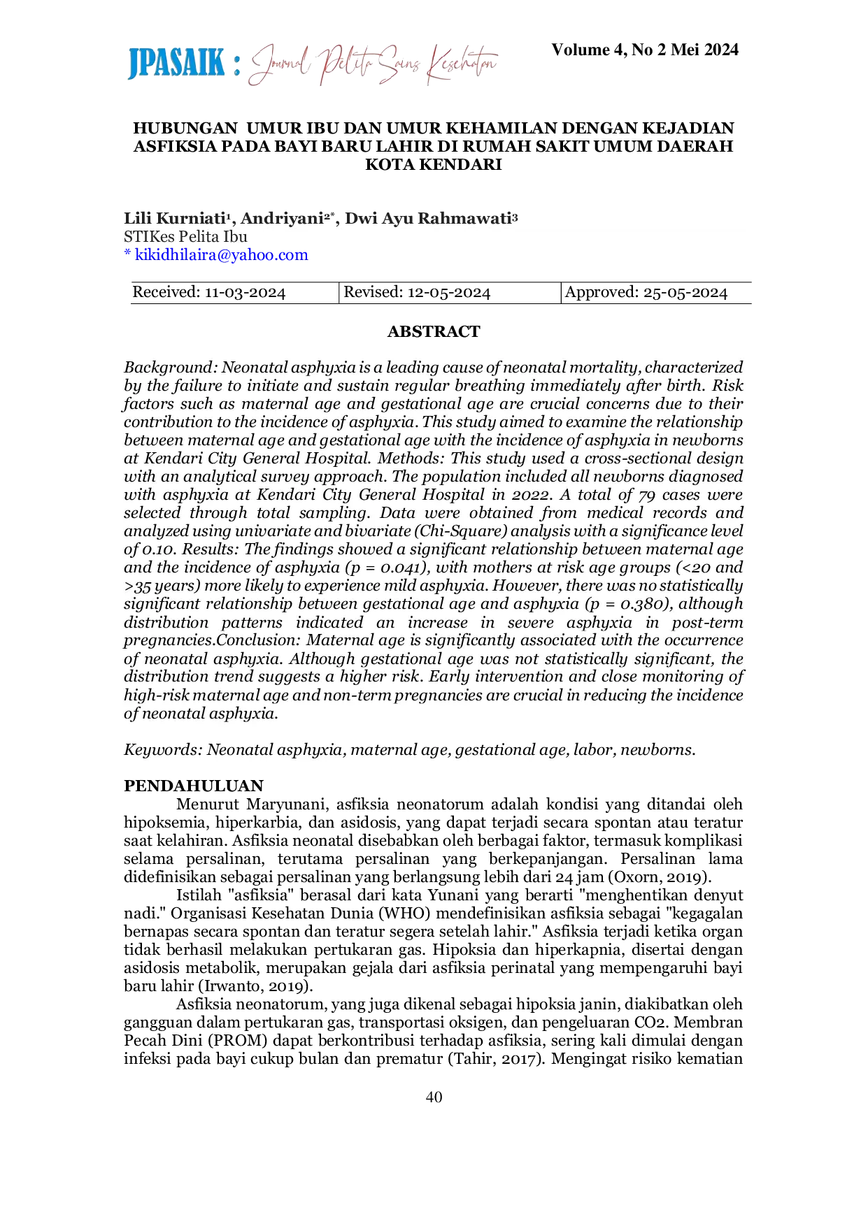 JURIS Hubungan Umur Ibu Dan Umur Kehamilan Dengan Kejadian Asfiksia Pada Bayi Baru Lahir Di Rumah Sakit Umum Daerah Kota Kendari